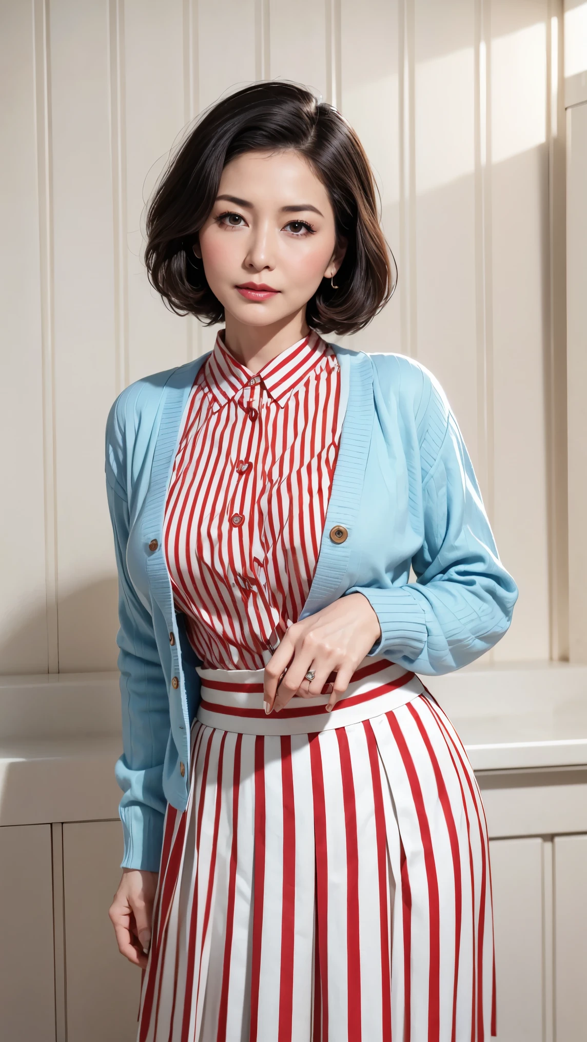 Masterpiece, top quality, woman, (vintage-style outfit, white skin, black hair, wave bob, light blue button-down cardigan, pleated red and white striped circular skirt, retro style) (surrealist background)