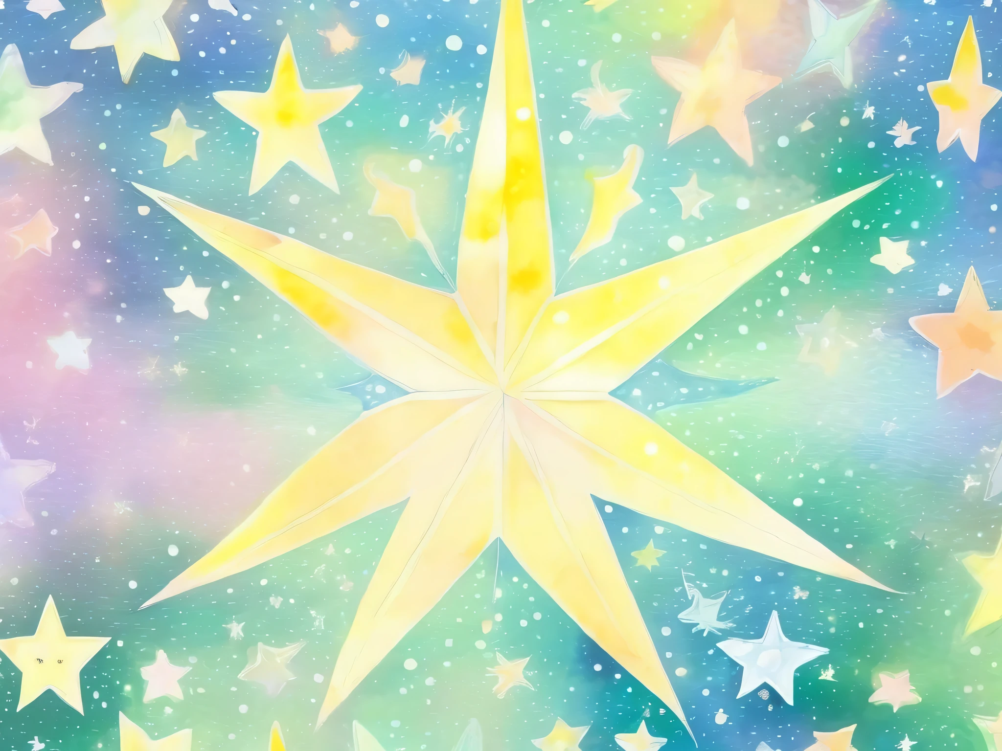 pale watercolor star pattern。 lots of little stars。 with gentle pastel colors at the center 、 transparent light tones spread 。The background has a soft gradation 、green and blue 、Yellow harmonizes 。 stars come in a variety of sizes、 bleeding outlines 。 with a soft and delicate atmosphere throughout 、 gentle and dreamy art style。