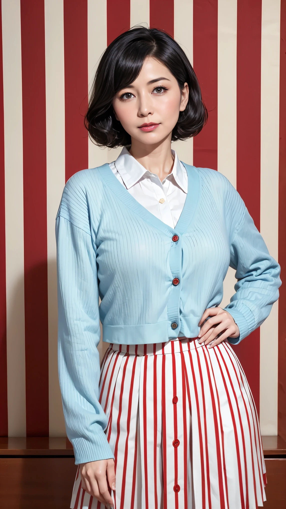 Masterpiece, top quality, woman, (vintage-style outfit, white skin, black hair, wave bob, light blue button-down cardigan, pleated red and white striped circular skirt, retro style) (surrealist background)