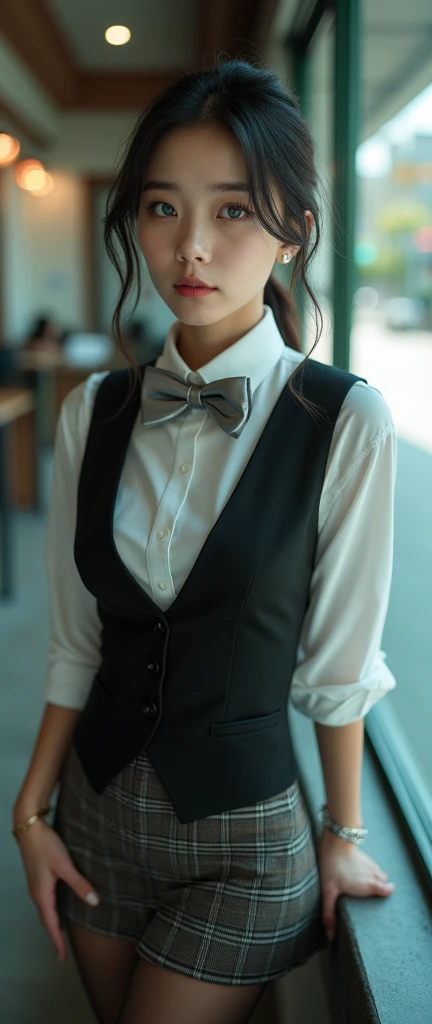 Very cute girl、White blouses、a black skirt、a smile