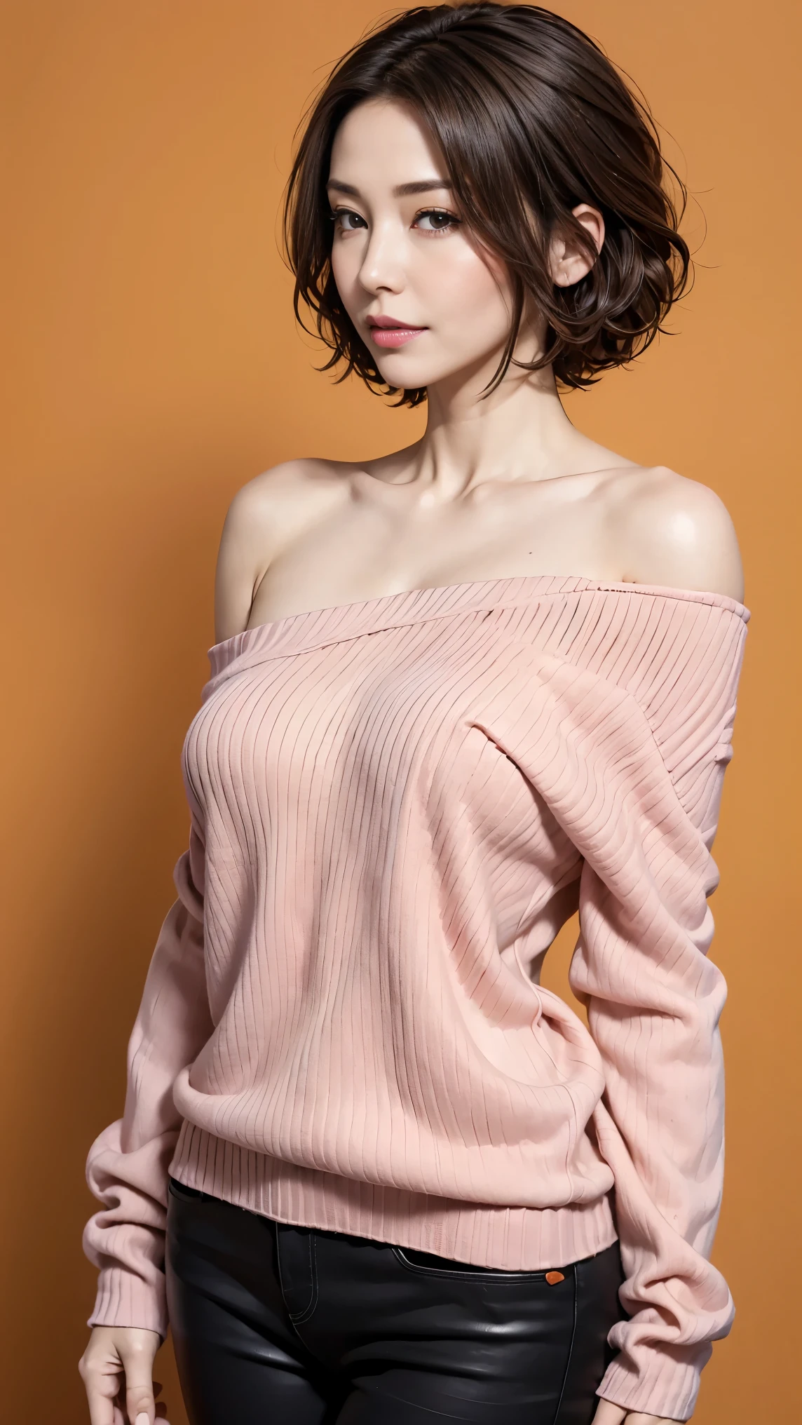 Masterpiece, top quality, woman, (short hair, dark slightly twisted hair, pink lips, simple orange knit sweater with slight shoulder) (surrealist background)