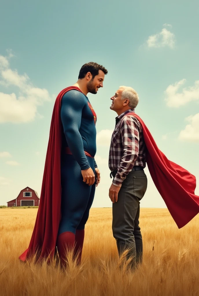 Superman telling his father Jonathan that he's Superman. Jonathan is 70 years-old farmer.  Jonathan love Superman. Superman and his father Jonathan fly sweetly together on the sky.