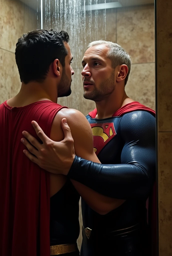 Superman telling his father Jonathan that he's Superman. Jonathan is 70 years-old farmer.  Jonathan love Superman. Superman and his father Jonathan nude shower sweetly together