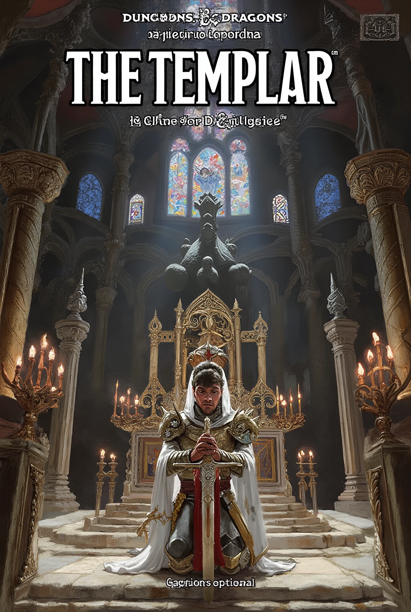 The cover of a Dungeons and Dragons with frame book :
Title: The Templar: A Class for D & D 5e
Cover style :
A Templar kneeling in the center of a majestic Gothic temple , with his sword planted on the ground and both hands resting on the knob , while solemnly praying .
Main character details :
armor : radiant, with silver tones and gold details .
Tabardo: White with a red cross on the chest .
posture: kneeling fashion, with his head bowed in reverence .
sword: A large sword with sacred engravings , used as support .
Around:
temple: broad, with tall Gothic arches , colored stained glass that project divine light onto the marble floor , and an altar adorned with burning candles and sacred symbols .
Lighting: A heavenly light that descends from above , illuminating the Templar and generating a strong contrast with the shadows of the temple.
Decoration: Carved columns , medieval details, and an angelic statue behind the altar .
marco:
A decorative border inspired by wrought iron and gold , enclosing the cover as if it were an ancient artifact .
text:
Title: On top , with an epic Gothic fountain , The text : "The Templar: A Class for D &D 5e".
Caption (optional): " Sacred protector and arm of divine justice ".