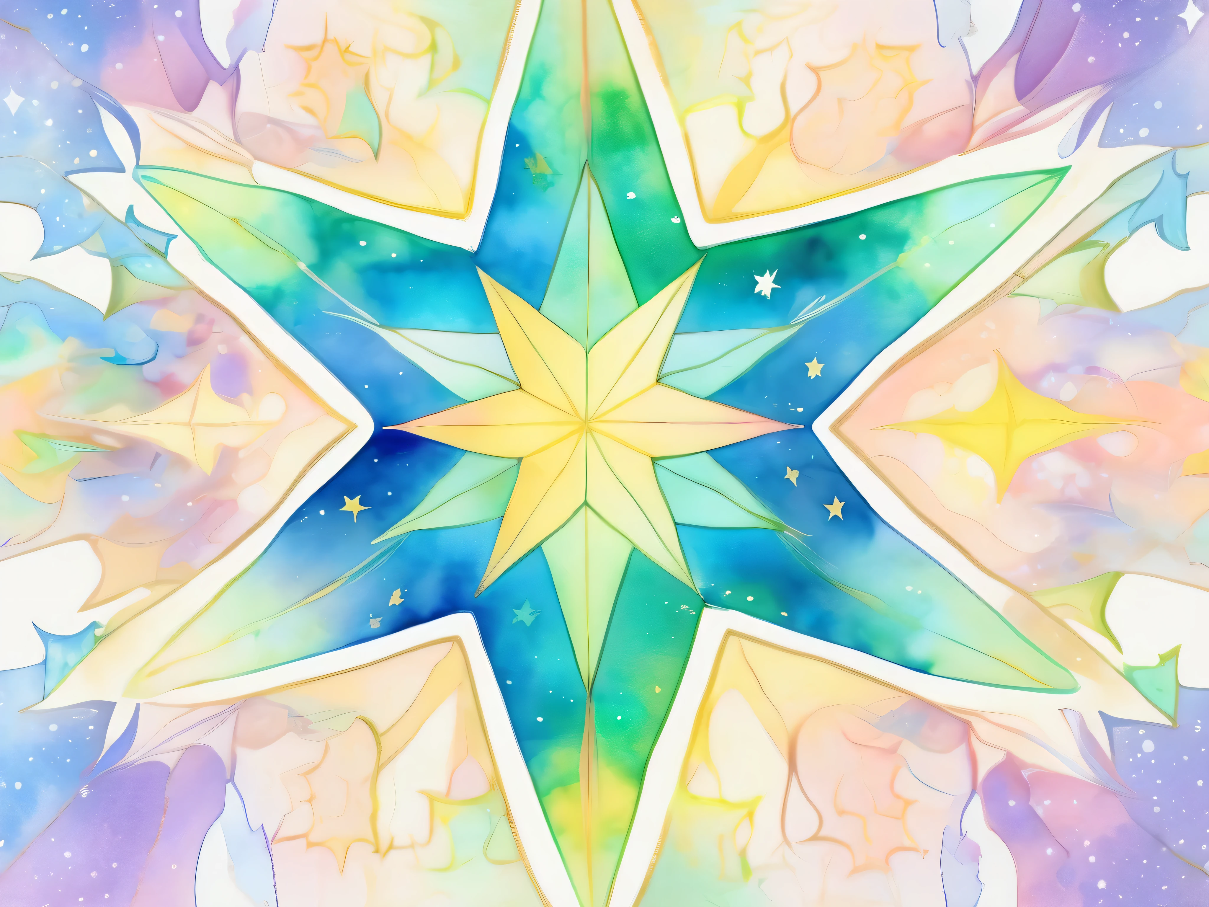 pale watercolor star pattern 。 with gentle pastel colors at the center 、 transparent light tones spread 。The background has a soft gradation 、green and blue 、Yellow harmonizes 。 stars come in a variety of sizes、 bleeding outlines 。 with a soft and delicate atmosphere throughout 、 gentle and dreamy art style。