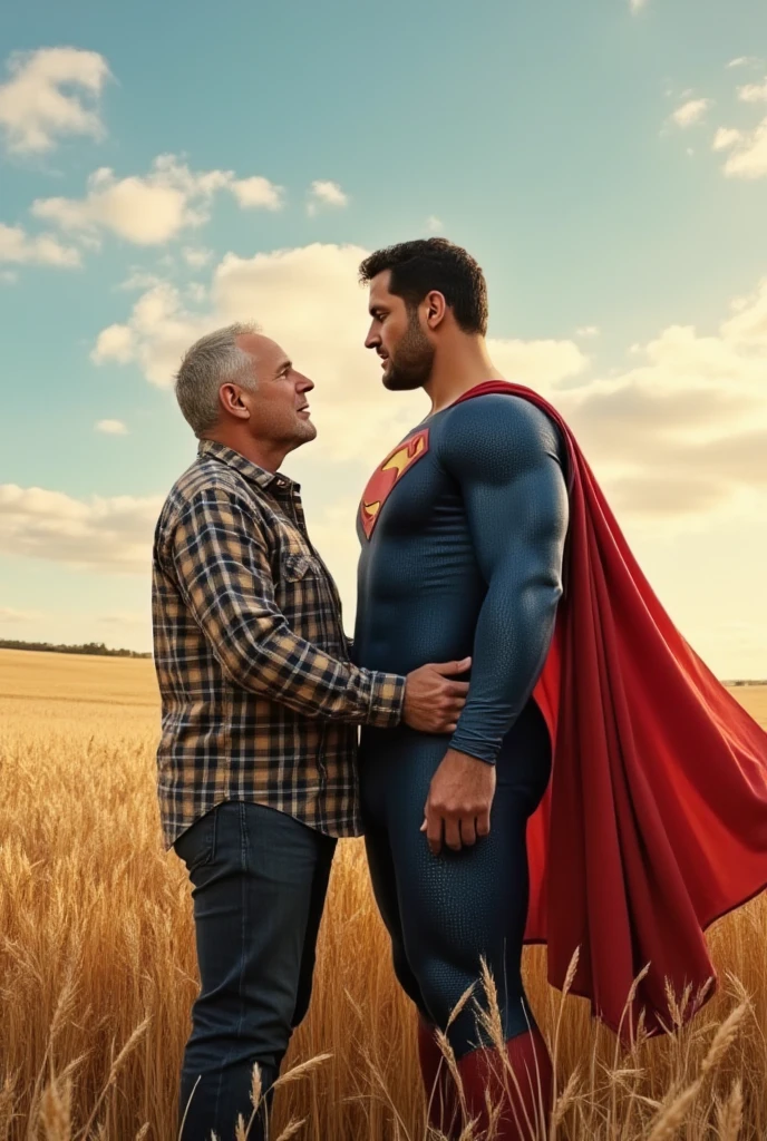 Superman telling his father Jonathan that he's Superman. Jonathan is 70 years-old farmer.  Jonathan love Superman. Superman and his father Jonathan fly sweetly together on the sky.