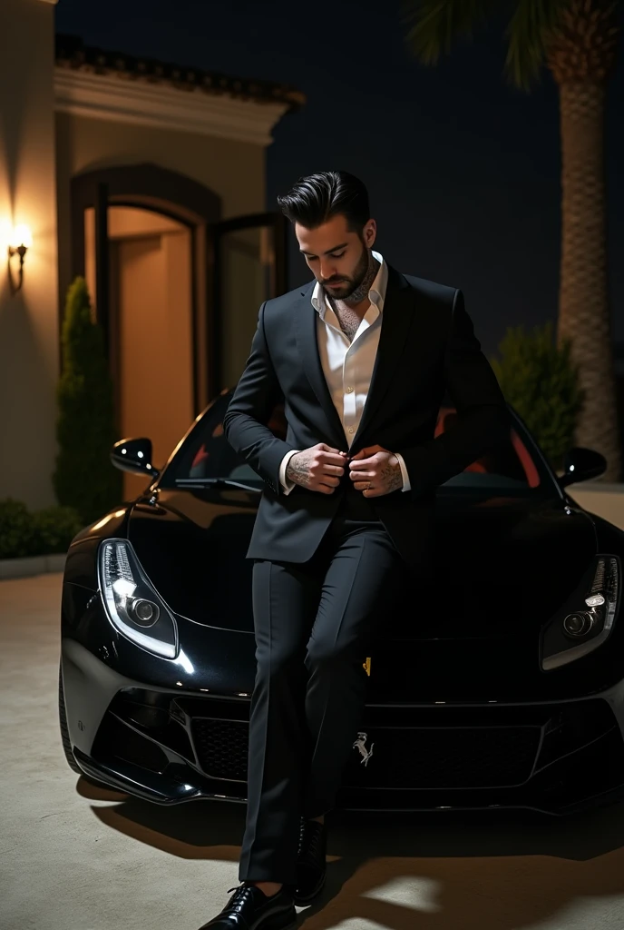 8K,8K resolution,2 Muscular Europeans, handsome man,charming eyes,dark skin,beautiful, smooth and shiny,Full muscles,Thick body hair, (wearing a stylish suit),big bag highlights,Excellent j8,emphasize,Driving a luxury convertible,The car is full of roses,Two men smiling happily,professional lighting,Professional photography,Realistic photos,realistic model,realistic art,Perfect hand details