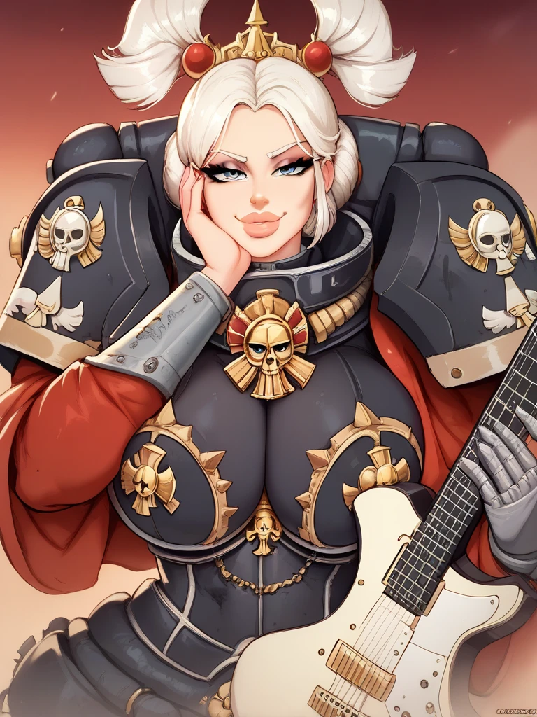 source_anime,  Warhammer 40k Sisters of battle/sororitas, 
1girl, big lips, solo, beautiful eyes, detailed face, s, wearing Sisters of battle/sororitas armor,  huge breasts, , , legsspread, legsopen, , teasing, flashing, smug, chin_rest, facing viewer, looking at viewer playing guitar 