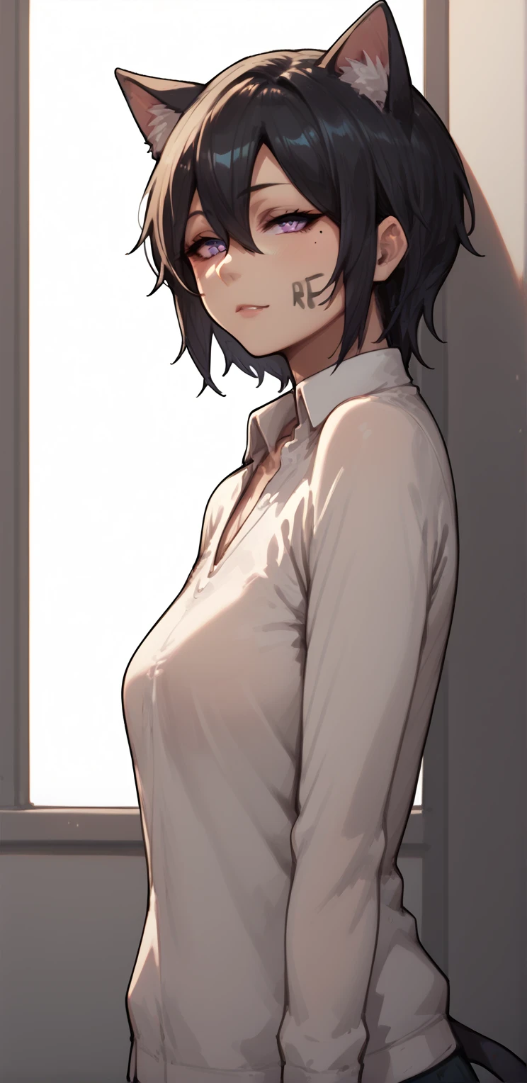 Megumi: rin6135, purple eyes,  short hair,  black hair, mole under the eye,  hair between the eyes  ,cat ears and tail, Body writing, f4c3wh0, 1girl.