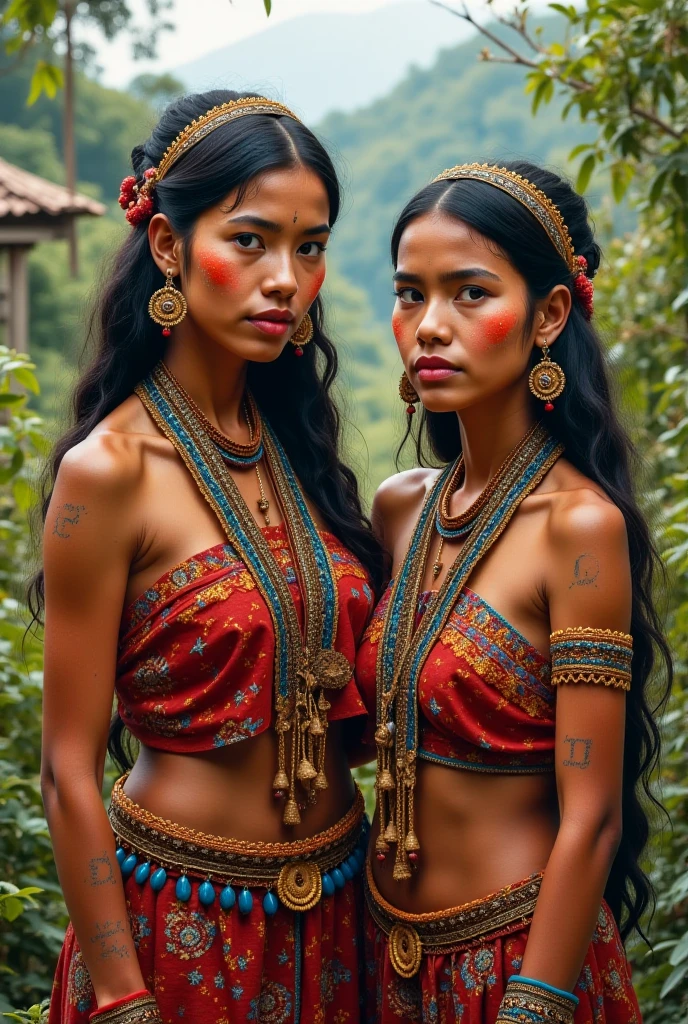 an indigenous woman with black hair , on the left side a jaguar and on the right side a colorful macaw
