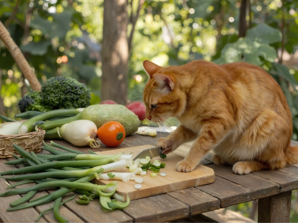 An orange tabby cat is intently focused on slicing green onions with a knife on a wooden cutting board. The green onions are being cut into 2mm rounds, gradually becoming finer. A breeze gently stirs, causing the fresh vegetables arranged on the wooden table to sway, along with the surrounding trees and vegetables in the background. Sunlight filters through the trees, flickering and swaying with the movement, adding to the serene, natural atmosphere. The camera angle mimics the slight motion of a handheld camera, creating a dynamic and immersive perspective.