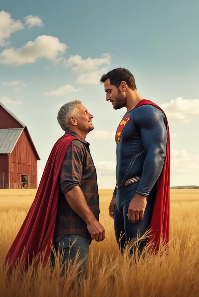 Superman telling his father Jonathan that he's Superman. Jonathan is 70 years-old farmer.  Jonathan love Superman. Superman and his father Jonathan fly sweetly together on the sky.