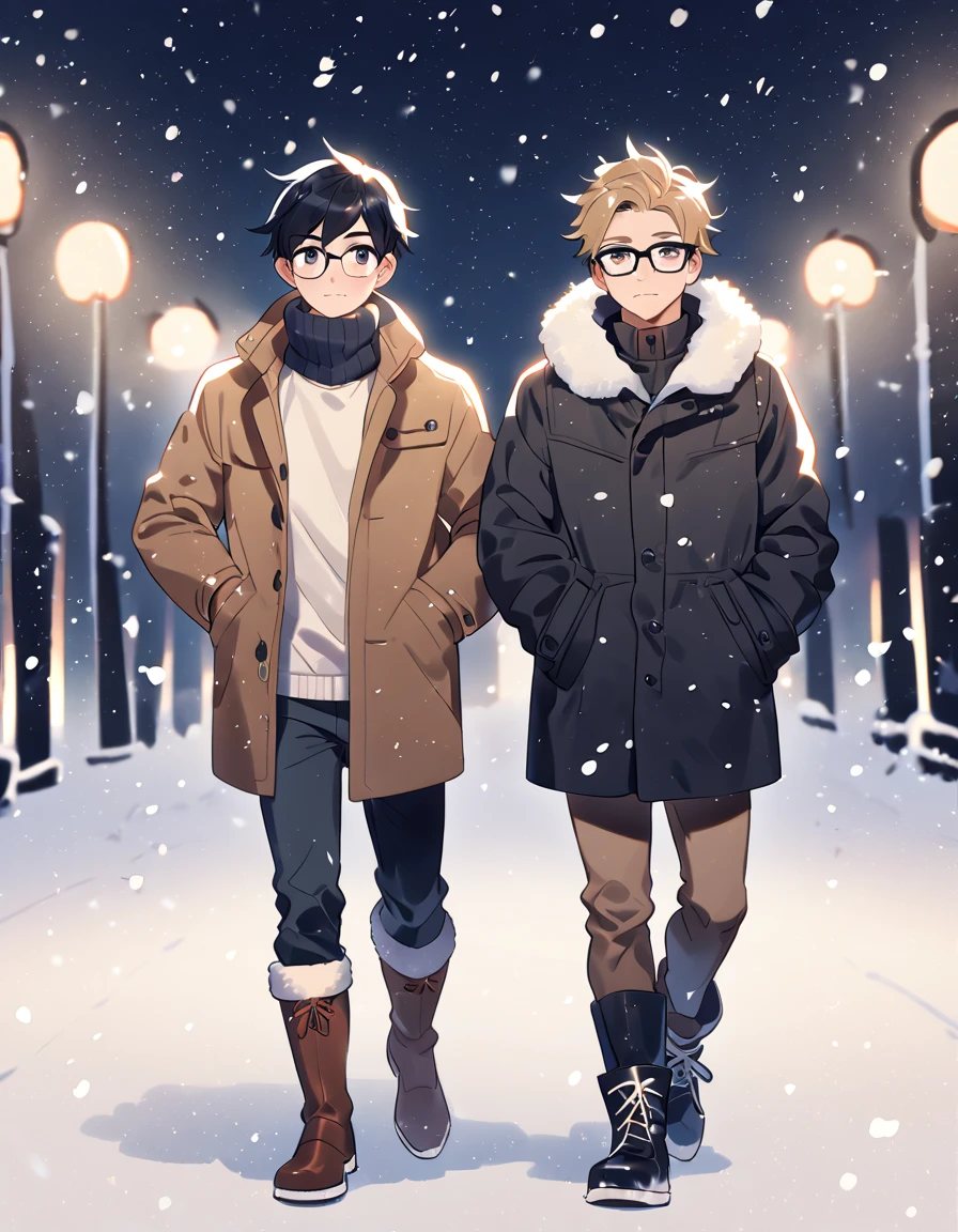 male, face: young adult, soft, loving eyes and black framed glasses. Body: average build but still fairly fit. Eyes: black. Hair: short, black, messy. Outfit: winter clothes, coat and boots.. environment: walking on an avenue on a winter night during a snowfall