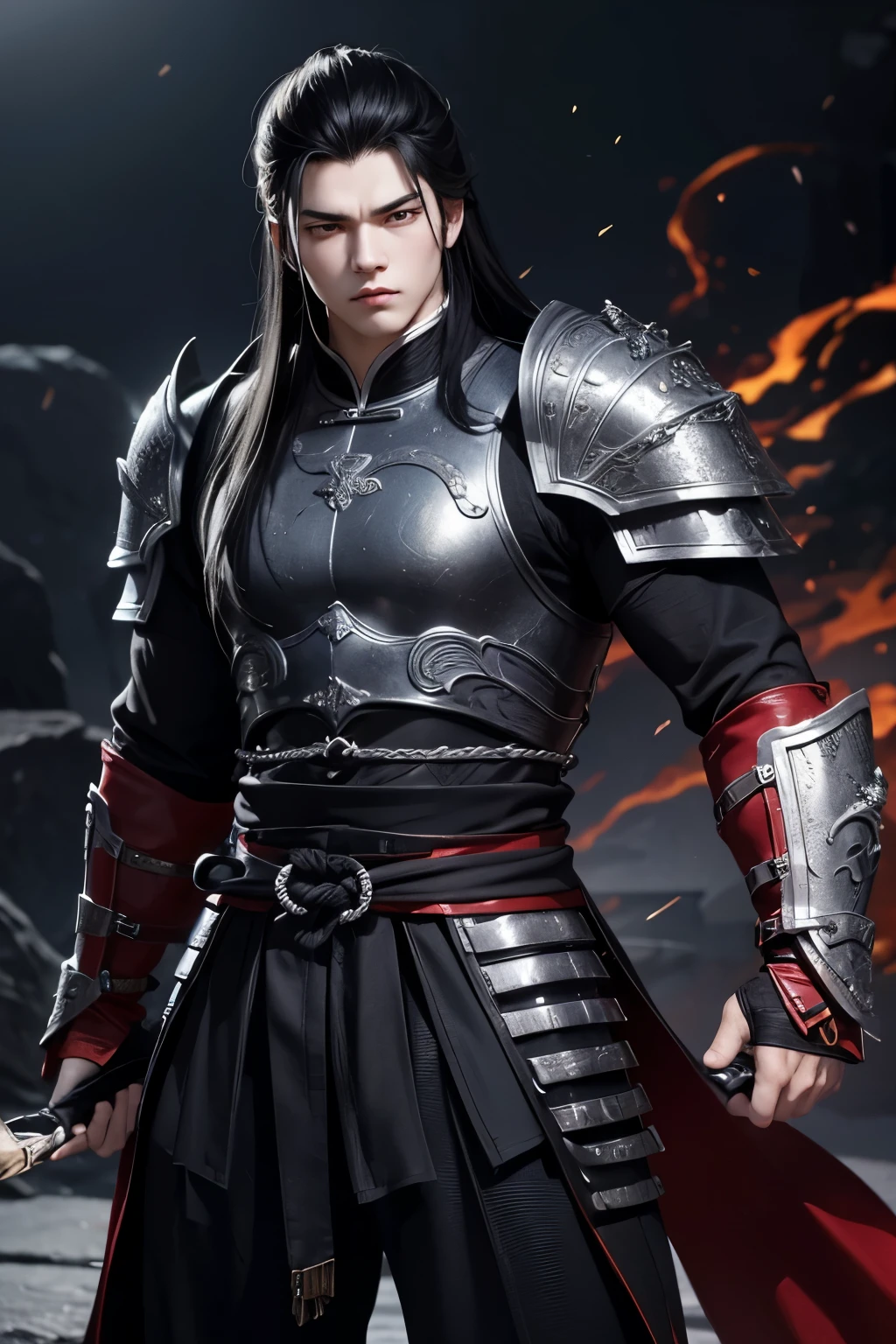 a 20 year old man , with a strong and wide body , cold and fierce eyes ,  with a bare torso, black martial pants and leather armour with black wrists, loose neck-length hair ,  a somewhat effeminate and masculine face strong serious, Wuxia Style