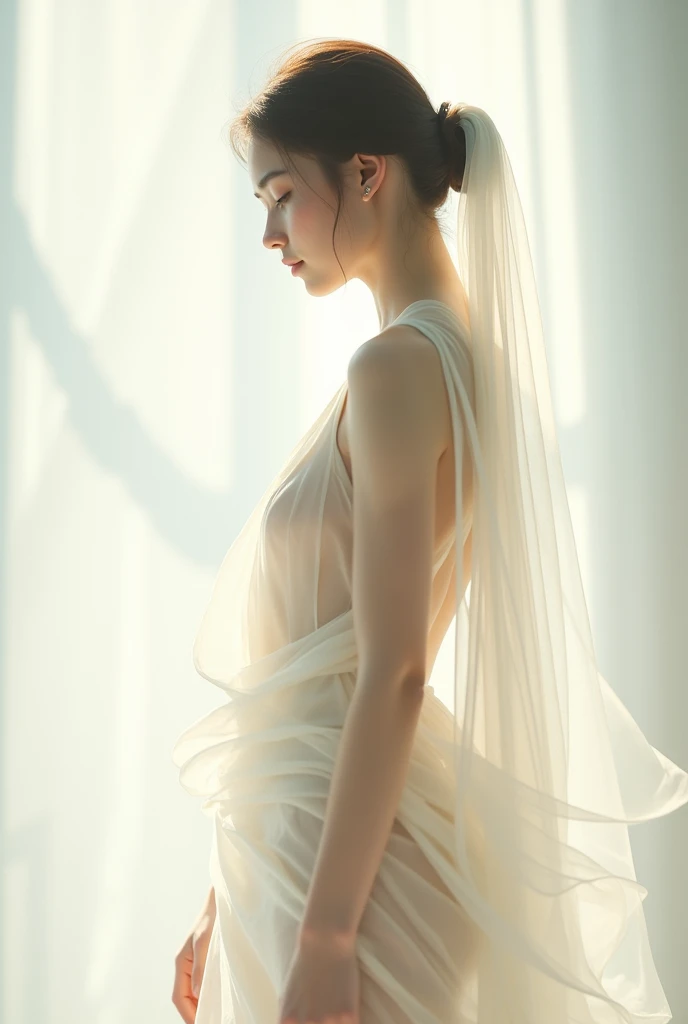 Generate a sizzling AI art prompt featuring a stunning, hot woman draped in a sensual and stylish dress that accentuates her pale skin. Encourage intricate details in both the dress and her facial features, capturing the essence of allure and sophistication. Highlight the interplay of light and shadows on her pale skin to add depth and realism, creating an overall composition that exudes both beauty and intrigue. back view 