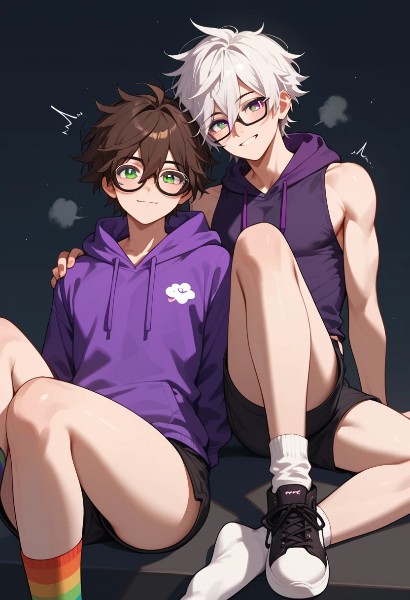 (duo focus), 2man, [male, feminine: 0.5, mature: 1.5, short messy hair, dark brown hair, green eyes, black frame glasses, purple hoodie, short black shorts, rainbow knee high socks, happy], BREAK, [male, short messy white hair, hair between eyes, purple eyes, shivering, black tanktop, leather pants]