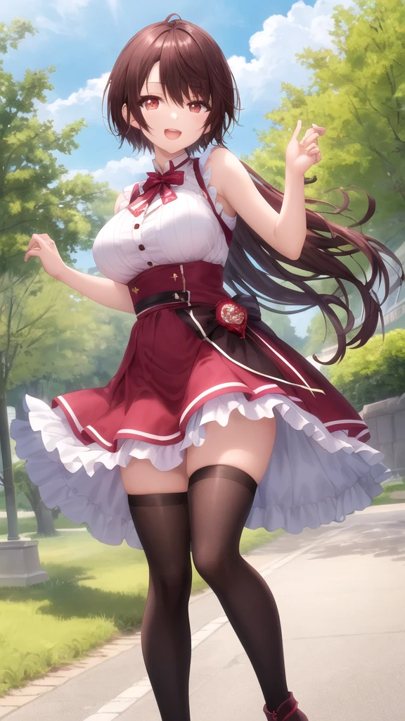 masterpiece, best quality, high quality, girl, solo, looking at viewer, yuuta_kadowaki, large breasts, sleeveless idol dress, very puffy skirt, flared skirt, thigh highs, heeled boots, standing, smile, open mouth, outdoors 