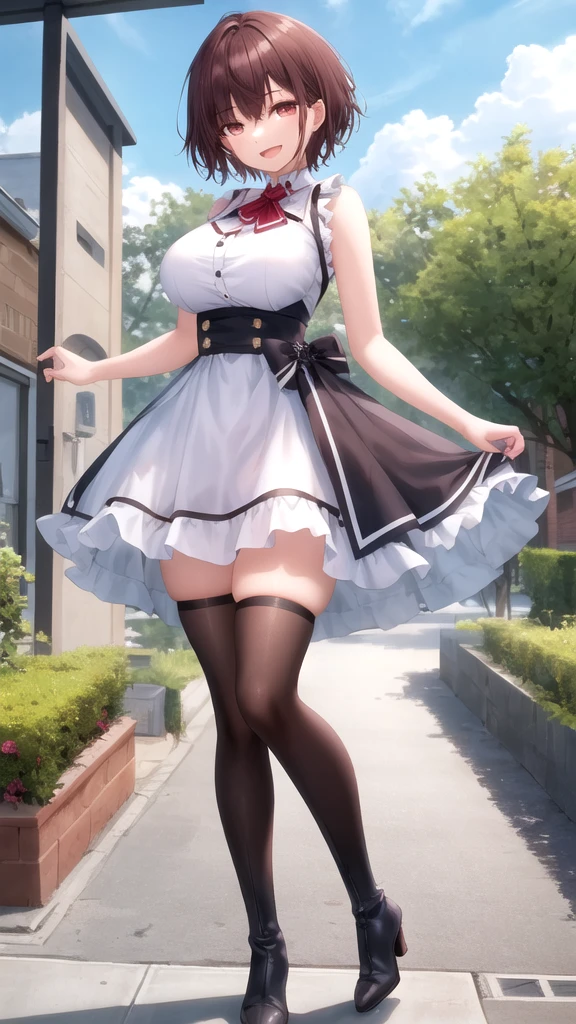 masterpiece, best quality, high quality, girl, solo, looking at viewer, yuuta_kadowaki, large breasts, sleeveless idol dress, very puffy skirt, flared skirt, thigh highs, heeled boots, standing, smile, open mouth, outdoors 