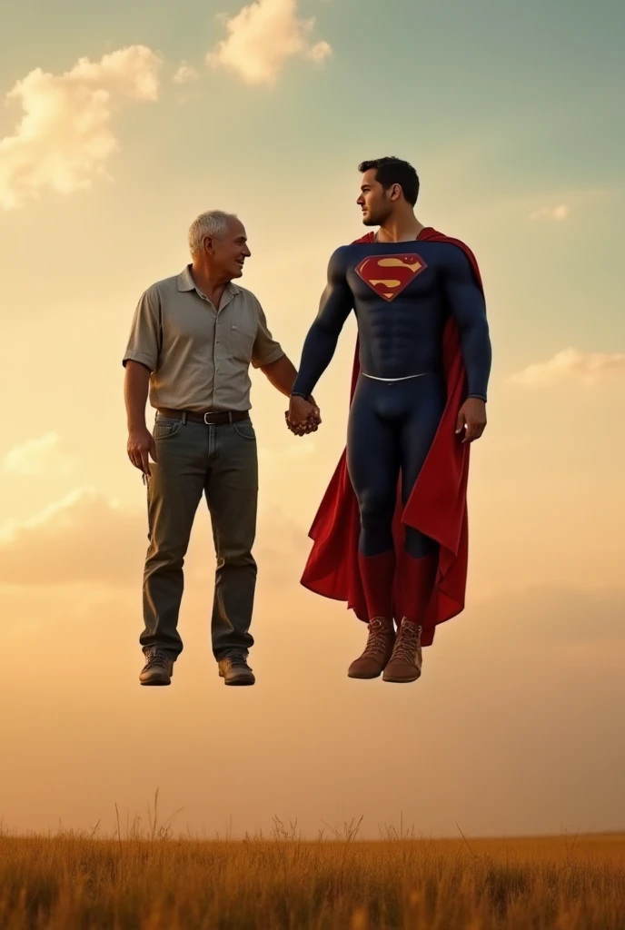 Superman telling his father Jonathan that he's Superman. Jonathan is 70 years-old farmer.  Jonathan love Superman. Superman and his father Jonathan fly sweetly together on the sky.superman is on sky.