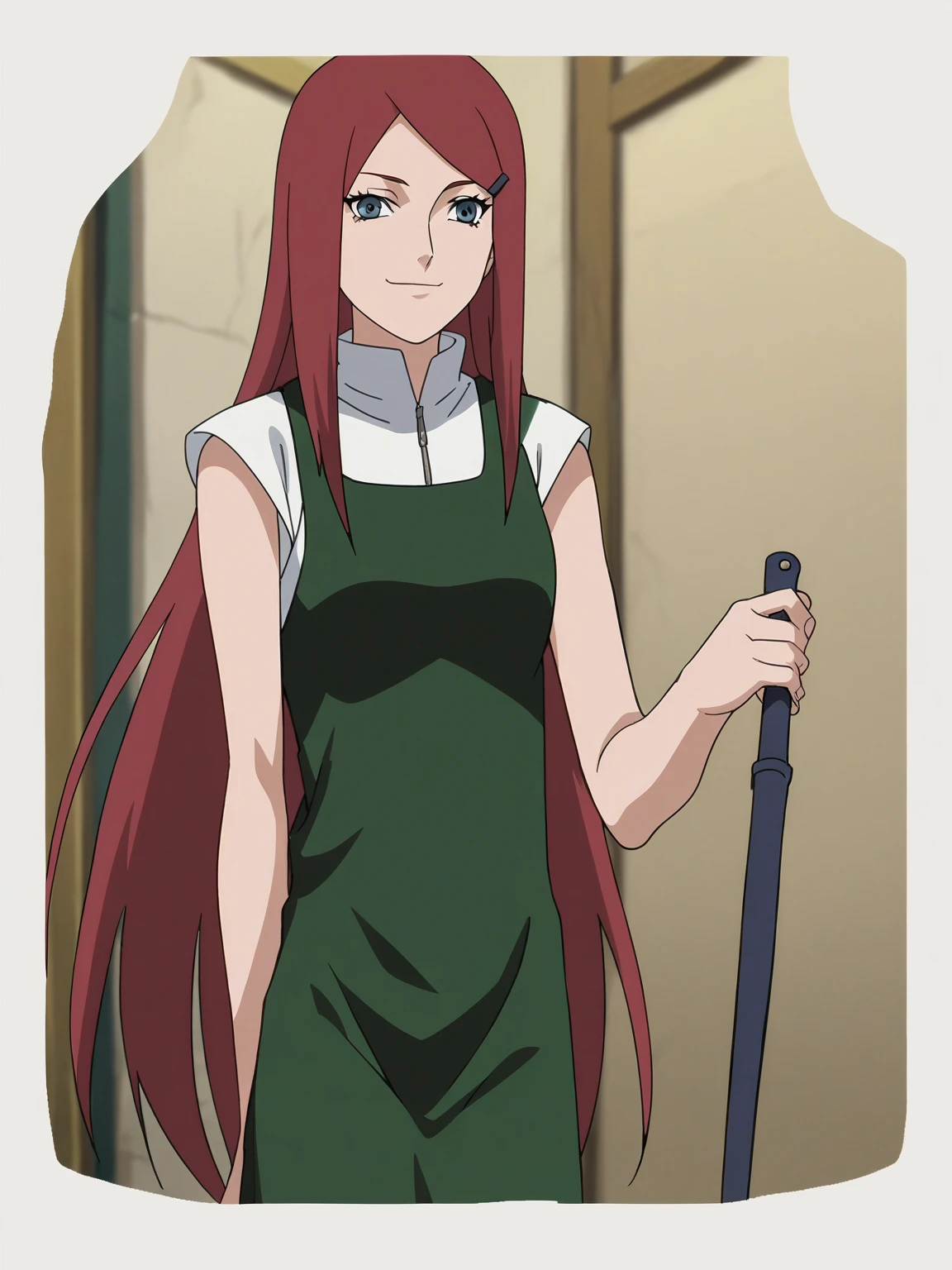  animated screencap , 1 girl, Alone, Kushinauzumaki ,  long hair, Pasador, small green apron , camisa blanca, collar, weapon arrives,  raised her arm , axila,   looking at the spectator ,  head towards the spectator, smile,  Closed mouth , mother, bottomless, presumed, beautiful vagina