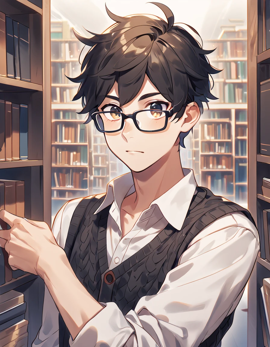 human, male, face: young adult, soft, loving eyes and black framed glasses. Body: average build but still fairly fit. Eyes: black. Hair: short, black, messy. Outfit: button down shirt, knitted vests. environment: library surrounded by books