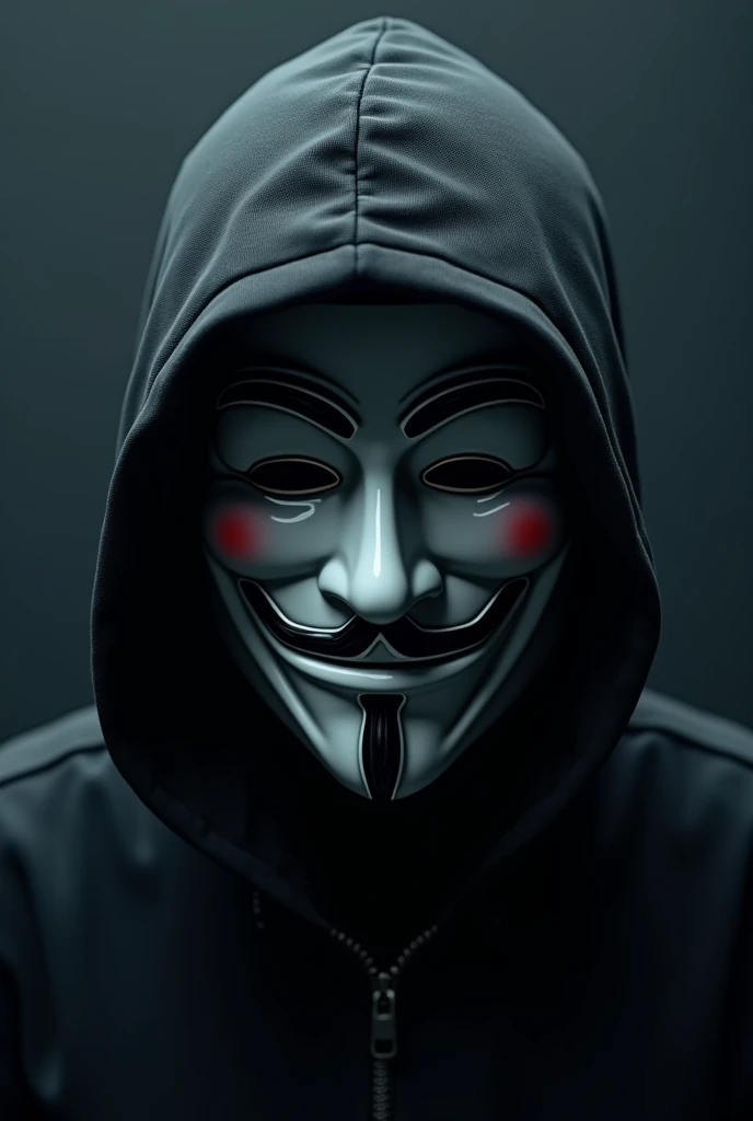 Close up of man in black hoodie with Guy Fawks mask with black background