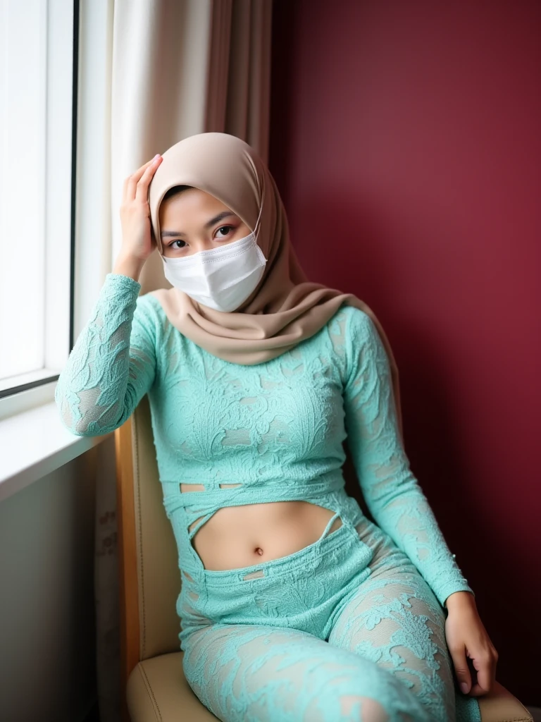 A young woman, likely of Southeast Asian descent, is seated or leaning against a maroon-colored wall. She has a light beige/tan hijab covering her head and shoulders.   She is wearing a matching, light mint/teal-colored lacy bodysuit with cutouts around the midriff.  The lace appears delicate and textured. A white face mask is visible under the hijab. 


The woman's expression is neutral to slightly contemplative. Her hands are visible, with one hand resting on her head, just above the hijab. 


The backdrop is a window with curtains; the curtains are a light, neutral tone.  The overall impression is of a person in a relaxed pose, wearing modern dress. The lighting, while not extremely bright, casts no significant shadows.