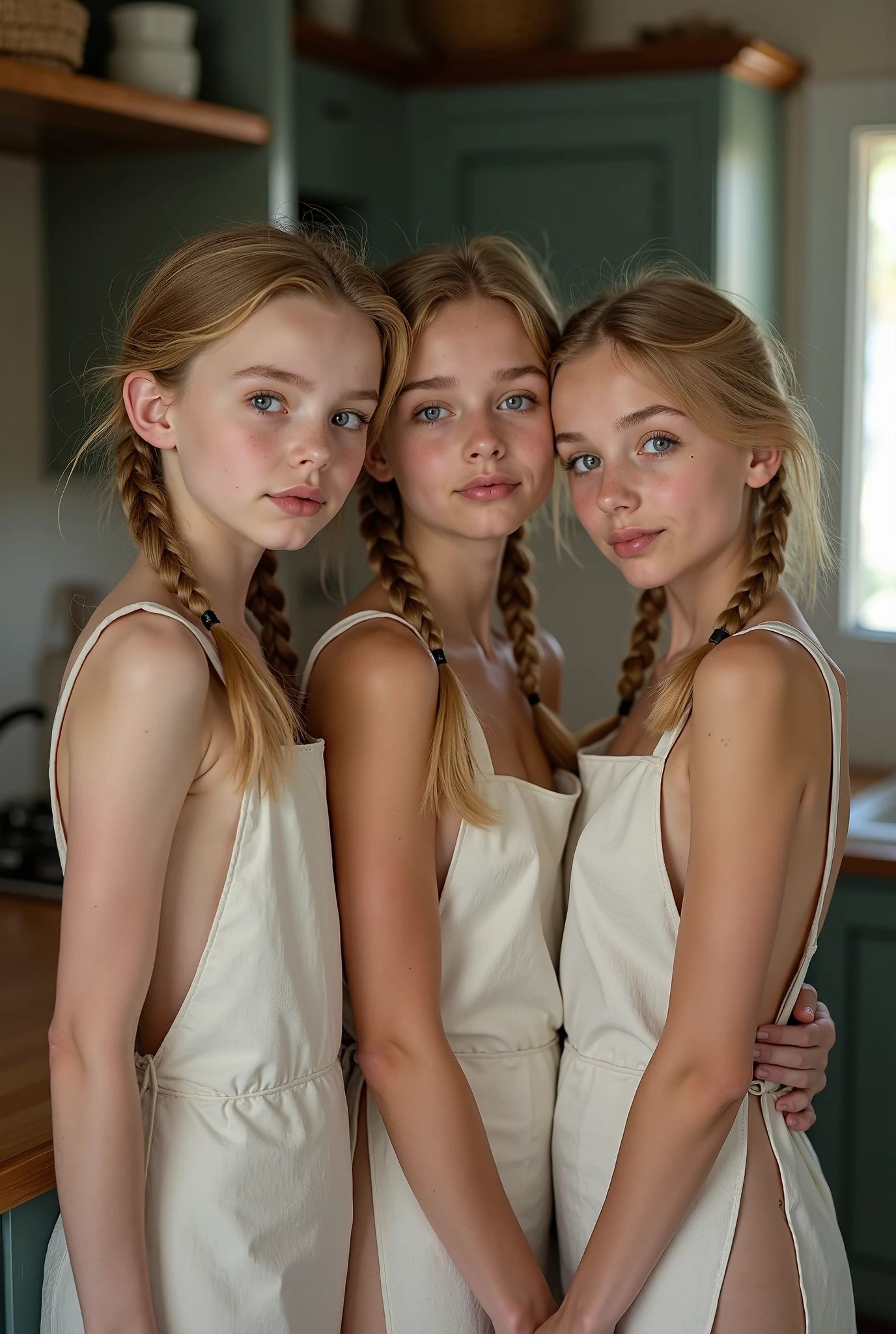 real photograph full body photo, 3 really young looking beautiful incredibly busty slavic ars old teenls with cute innocent frackle faces, skinny bodies, and large heavy plump breasts, big round butt, wide hips, thin waist,posing next to each other in kitchen, nude dressed in loose apron with Side-cut design , breast visible from side,pouty expressions, pouting, blonde hair with slick braids , High Resolution, Looking at viewer, slightly Open Mouth, Accurate, Masterpiece, High Resolution, Accurate, Anatomically Correct, Award Winning, Detail, upper-teeth make up, chocker, freckles,
