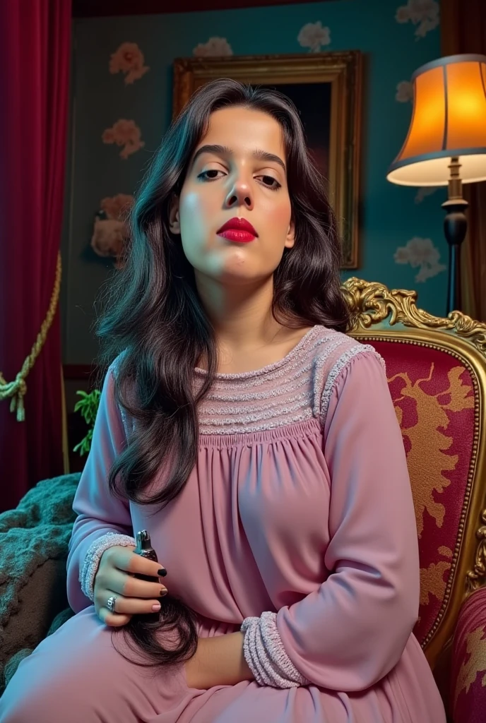 (((In focus behind her is a framed portrait of her with long flowing hair))). ((Bald She is facing the viewer, looking at the viewer, loving, aroused, and adoring)), the scene is a surreal, luxurious image of a woman sitting elegantly on a lavish, baroque-style couch with ornate golden carvings. She is dressed in a flowing, pink dress with delicate lace details that catch the soft ambient light. (((Her head is completely bald))). (((Her bald head is smooth and pale))). pale ethereal face. The room around her is richly decorated, with heavy velvet curtains in a deep crimson hue and walls adorned with intricate, golden floral patterns. A vintage lamp casts a warm glow, contrasting with the cool blue light that illuminates her. The scene has a cinematic, dreamlike quality, with subtle hints of abstraction—the colors appear rich and saturated, giving the room an almost otherworldly atmosphere. In the background, a mysterious, shadowy painting hangs on the wall, adding a sense of intrigue. (((There is a pile of dark long hair strands on her lap and spilling onto the ground))). (((She is holding a hair clipper in one hand))). 