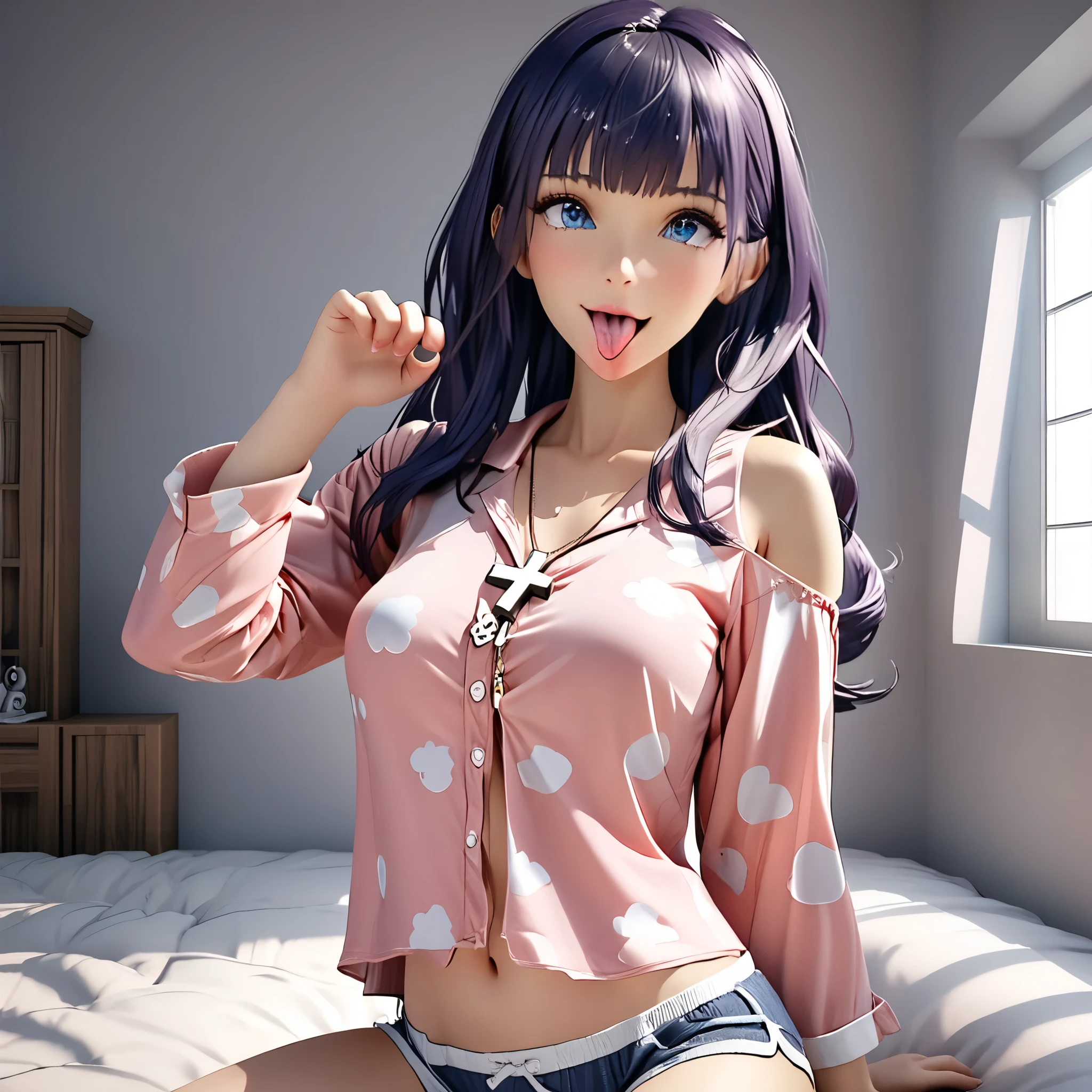 8k, masterpiece, CGSTATION, hyper CG style, arte extremadamente detallado de artgerm, photorealistic chica anime render, A 4k anime drawing style, best quality, 3D rendering, INTRICATE, 8k, 3D TOON, hyper detailed, blue eyes, dark purple hair, hair long, MISATO KATSURAGI, medium bust, shiny skin, 27 years old, a woman, navel, sensual smile, red lips, super detailed skin, super beautiful eyes, cross necklace, She wears soft and thin fabric pajamas, the pajamas are black, the pajamas have a blouse and mini shorts, pajamas are bare shoulders, , intricate details on his pajamas, the setting is super detailed in CGI quality, pajamas tight to her body, she is kneeling doing a Paw pose near her face, bed near a windows, ah3g40, ahegao, tongue out, wet tongue, tongue with saliva, hyper detailed tongue, hyper detailed CG, hyper detailed real face, mini blouse, mini shorts, mini pajamas,