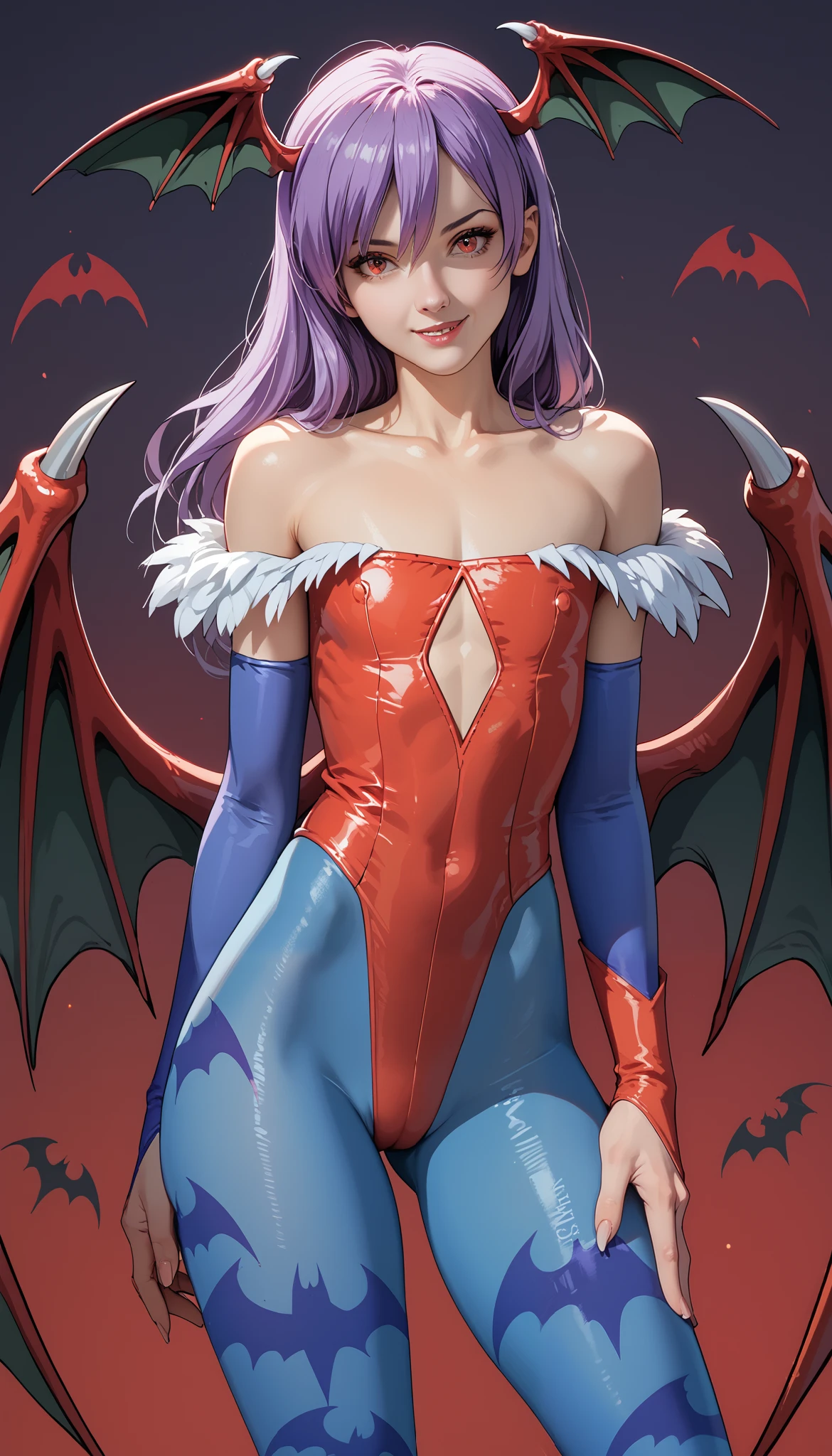 score_9, score_8_up, score_7_up, source_anime, long hair, head wings, aqua hair, green eyes, leotard, print legwear, pantyhose, elbow gloves, demon wings, flirting, lil1th 4ensland, purple hair, red eyes, head wings, bat wings, red leotard, bridal gauntlets, blue pantyhose, print legwear, bat print, from the front, cowboy shot, camelte, gap between thighs, best quality, masterpiece, ultra-realistic, 8k