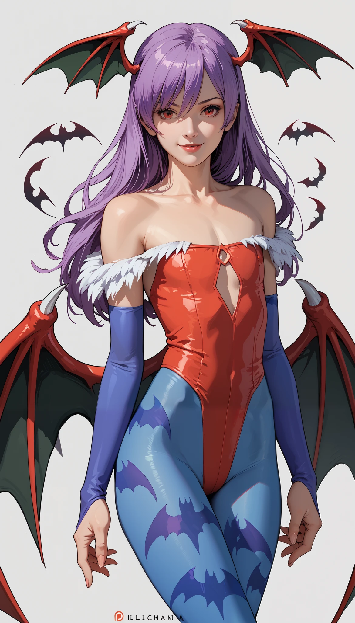 score_9, score_8_up, score_7_up, source_anime, long hair, head wings, aqua hair, green eyes, leotard, print legwear, pantyhose, elbow gloves, demon wings, flirting, lil1th 4ensland, purple hair, red eyes, head wings, bat wings, red leotard, bridal gauntlets, blue pantyhose, print legwear, bat print, from the front, cowboy shot, camelte, gap between thighs, best quality, masterpiece, ultra-realistic, 8k