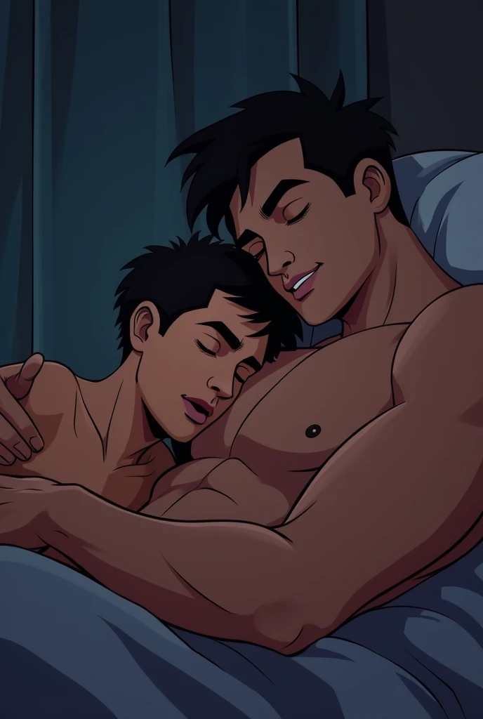 dois homens gays, um latino e um negro, sem camisa, Musculoso, watching television , cuddled in bed. Romantic