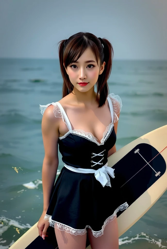 masterpiece:1.37,   Ultra-realistic, photorealistic, dramatic scene, shadow, (smile when looking, (25 years old asian girl, Alone, alone), (beautiful bust, medium breasts, medium ass, Japanese model, tight waist, Beautiful Eyes, Beautiful face, symmetrical eyes:1.21, very beautiful asian girl, very cute, ((high twintail)), (wearing maid costume), She is holding a surfboard, (at on sea:1.21), (full body)