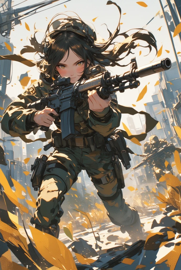 1 girl, solo, solo focus, close up shot, (black hair, medium hair, medium breasts, green eyes), ninja, perfect anatomy, city, cyberpunk style, ((load-bearing vest, belt, black gloves, black leotard, bare legs, yellow combat boots, matching boots)), ((dynamic action pose)), war, ruined city, battlefield, rubble, building, (holding weapon, katana), cowboy shot, body induced with black aura
