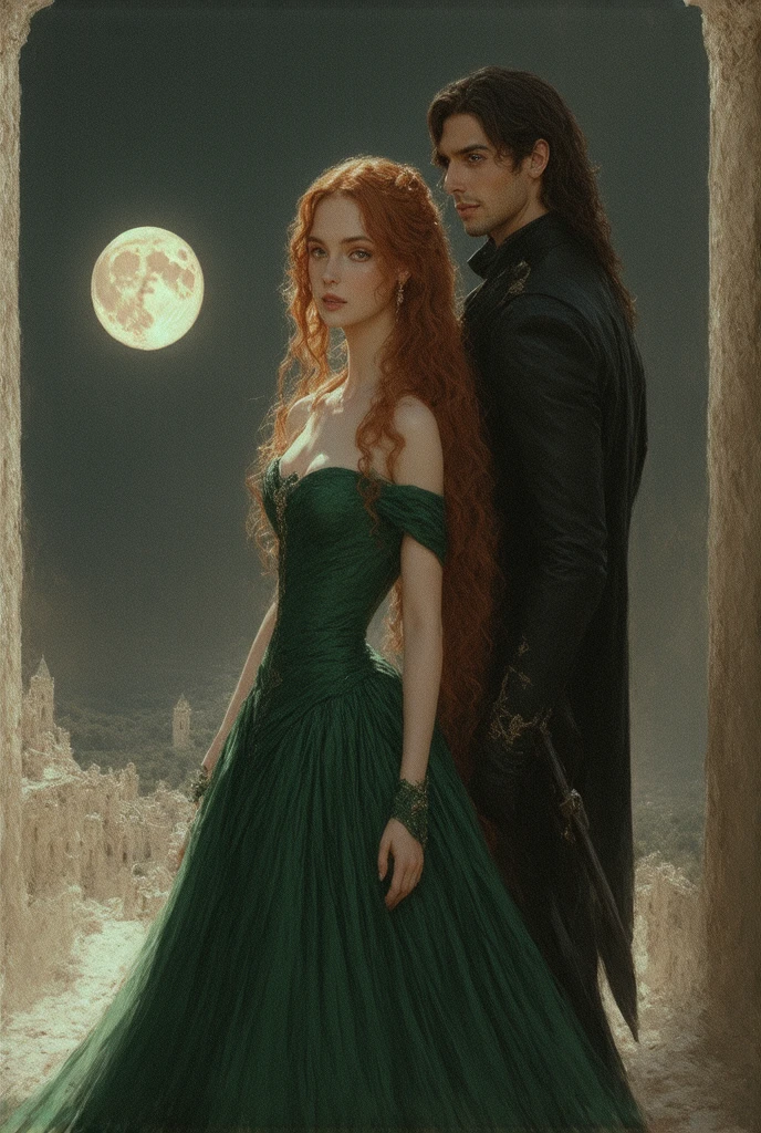 .An lady with long curly burnt orange hair with middle parting and deep green eyes. She's in a green royal ball gown attire with her large chest tightened and a stoic expression on her face. Her hands are placed on each other. There's a tall man with black hair standing behind her in royal attire with his body turned away in the opposite direction from her except his face which is darkened except for a blue glow from his eyes. The man is tall, with a chiseled face, blue eyes with an intense gaze, and slightly long dark hair, wearing an old European royal attire that accentuates his strong build.  they're in a castle. It's night and in the window there's a full moon reflecting.Semi-realistic Korean Manhwa style with 3D depth, high detail in facial expressions, soft shadows and dramatic lighting. High-quality, refined character details with a touch of romantic tension, cinematic atmosphere.