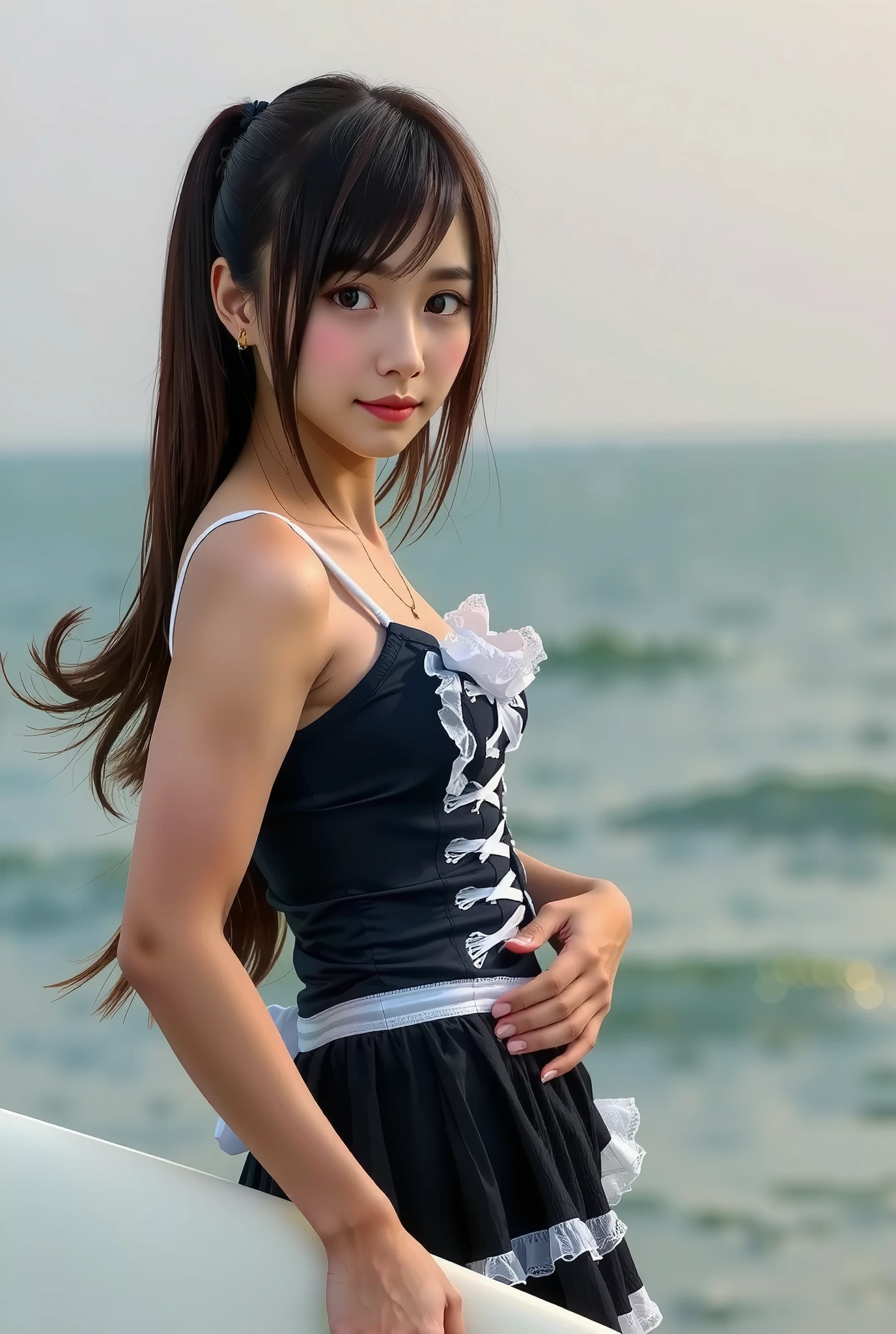 masterpiece:1.37,   Ultra-realistic, photorealistic, dramatic scene, shadow, (smile when looking, (25 years old asian girl, Alone, alone), (beautiful bust, medium breasts, medium ass, Japanese model, tight waist, Beautiful Eyes, Beautiful face, symmetrical eyes:1.21, very beautiful asian girl, very cute, ((high twintail)), (wearing maid costume), She is holding a surfboard, (at on sea:1.21), (full body)