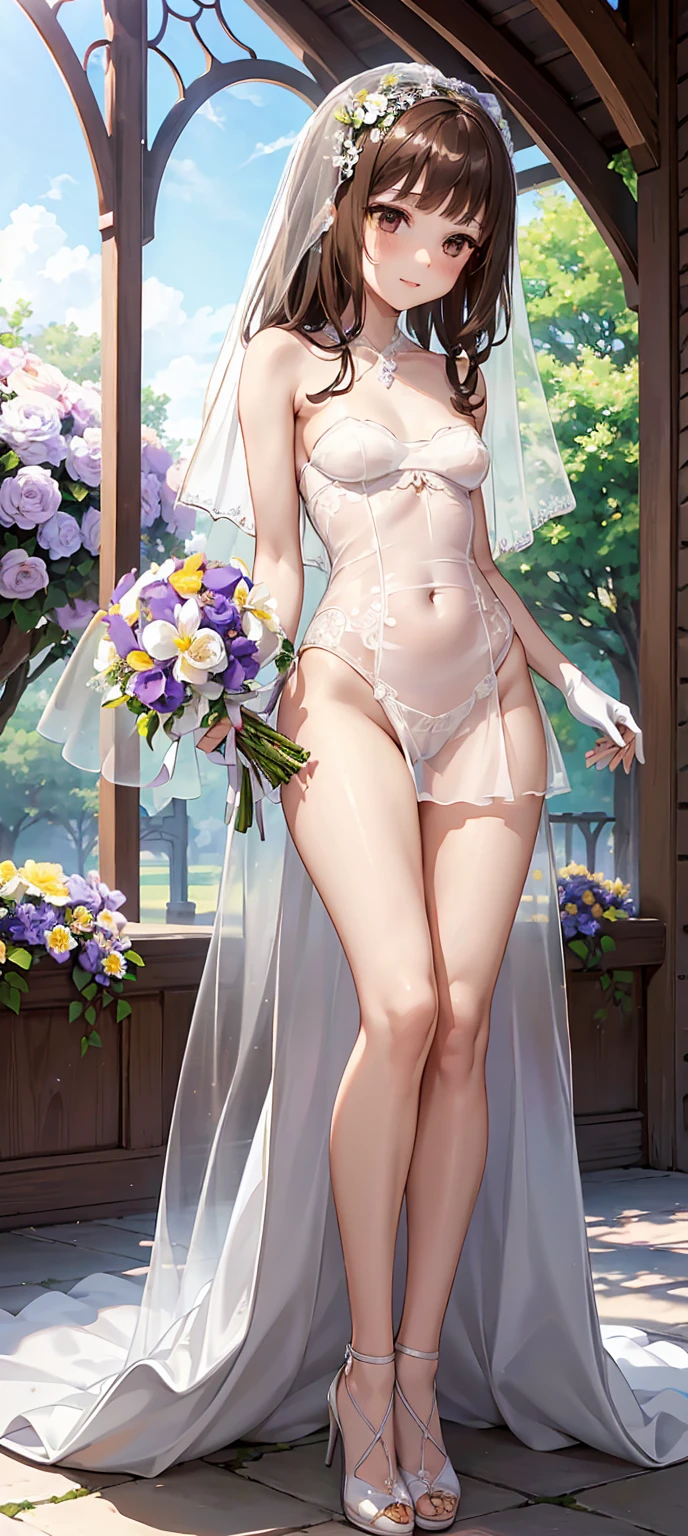 (wonderful exquisite Iino Miko )、 beautiful brown eyes drawn in detail、 long brown hair、 one girl、 Extremely Delicate 、Straight face、 incomparably beautiful girl with excellent estimates、 soft、(Functional)、(Naughty)、(Cute)、Delicate face、Bright lips, A shy and lewd smile、（Transparent Veil）、(( White See-through Strapless Wedding Dress with Luxurious Lace Embroidery))、  The shape of an erect nipple stands out、((Pure white gloves))、(((I have a bouquet of bridal dresses)))、 WHITE PANTY WITH LUXURIOUS LACE EMBROIDERY、 ( high heels by Miguel)、 ( small butt)、Big Breasts、(((Baby Face:1.15)))、((( slim figure)))、((( very thin and beautiful thighs)))、( very thin and beautiful waist )、(Long, slender legs)、((( flower garden where you can see a small church with colorful flowers)))、4K、Super high resolution、(masterpiece,  best quality)、( beautiful finely drawn eyes )、( beautiful detailed face)、 shortness of breath、 excited expression、Estrus season、Stroll through the flower garden 、 composition from the front、 full body portrait from head to toe