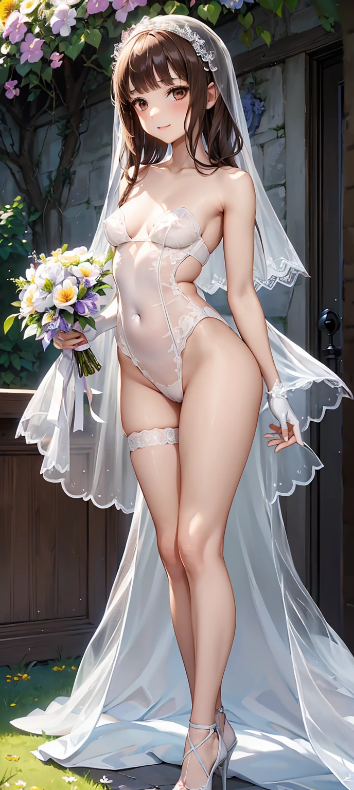 (wonderful exquisite Iino Miko )、 beautiful brown eyes drawn in detail、 long brown hair、 one girl、 Extremely Delicate 、Straight face、 incomparably beautiful girl with excellent estimates、 soft、(Functional)、(Naughty)、(Cute)、Delicate face、Bright lips, A shy and lewd smile、（Transparent Veil）、(( White See-through Strapless Wedding Dress with Luxurious Lace Embroidery))、  The shape of an erect nipple stands out、((Pure white gloves))、(((I have a bouquet of bridal dresses)))、 WHITE PANTY WITH LUXURIOUS LACE EMBROIDERY、 ( high heels by Miguel)、 ( small butt)、Big Breasts、(((:1.15)))、(((lim figure)))、((( very thin and beautiful thighs)))、( very thin and beautiful waist )、(Long, slender legs)、((( flower garden where you can see a small church with colorful flowers)))、4K、Super high resolution、(masterpiece,  best quality)、( beautiful finely drawn eyes )、( beautiful detailed face)、 shortness of breath、 excited expression、Estrus season、Stroll through the flower garden 、 composition from the front、 full body portrait from head to toe