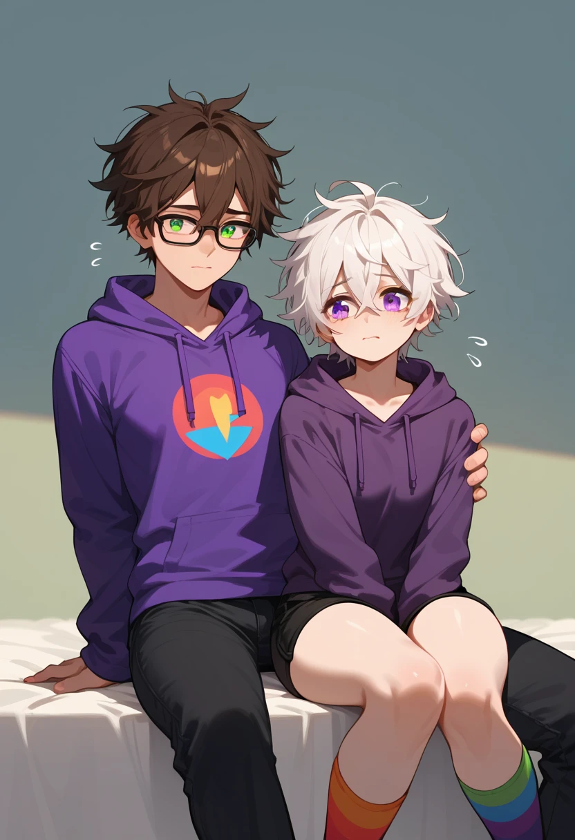 (duo focus), 2men, [male, feminine: 0.5, mature: 1.5, short messy hair, dark brown hair, green eyes, black frame glasses, purple hoodie, short black shorts, rainbow knee high socks, happy expression], BREAK, [male, short messy hair, hair between eyes, white hair, purple eyes, shivering, sad expression, black tank-top, leather pants]