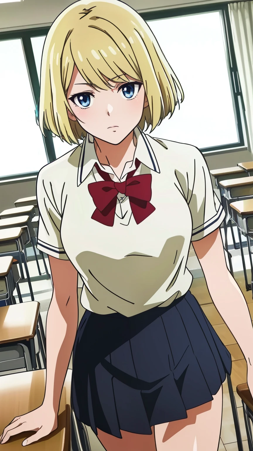 (Top quality, masterpiece, 8k), (Realistic skin texture), (anime coloring), Very detailed, very detailed, perfect face, beautiful eyes, perfect eyes, detailed eyes, feature large highlight, detailed face, ultra-detailed, detailed eyes, symmetrical eyes, (Dynamic angle), (expressionless), Sharp details, sonokata misuzu, blonde hair, short hair, (small medium breasts:1.2), healthy skin, (classroom, school uniform, thighs), (cowboy shot:1.5), looking at the viewer, in the center of the image