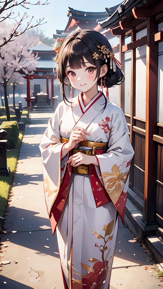 ((best quality)), ((masterpiece)), (detailed), perfect face, (best quality), (detailed skin:1.3), (intricate details), A young Japanese girl wearing a beautiful traditional furisode kimono, adorned with vibrant floral patterns in shades of red, pink, and gold, walking gracefully through a serene Shinto shrine. She has a radiant smile and carries a small omamori charm in her hand. Her hair is elegantly styled with traditional kanzashi hair ornaments, and the sunlight filters through the torii gates, casting soft shadows. The setting includes a pathway lined with stone lanterns and trees, some of which are dusted with a light layer of snow, adding a seasonal touch to the tranquil scene. A sense of joy and tradition fills the air, reflecting the festive atmosphere of a New Year’s Day visit.