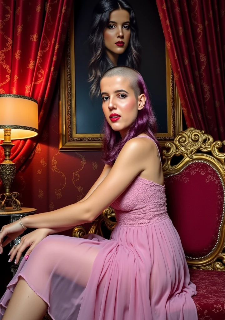 (She is visibly very sexually aroused by the viewer and is anxiously excited), the scene is a surreal, luxurious image of a woman sitting elegantly on a lavish, baroque-style couch with ornate golden carvings. She is dressed in a flowing, pink dress with delicate lace details that catch the soft ambient light. Her head is clean shaven and bald, similar to her pale, freckled ethereal face. The room around her is richly decorated, with heavy velvet curtains in a deep crimson hue and walls adorned with intricate, golden floral patterns. A vintage lamp casts a warm glow, contrasting with the cool blue light that illuminates her. Behind her is a framed portrait of her with long flowing hair. The scene has a cinematic, dreamlike quality, with subtle hints of abstraction—the colors appear rich and saturated, giving the room an almost otherworldly atmosphere. In the background, a mysterious, shadowy painting hangs on the wall, adding a sense of intrigue.
