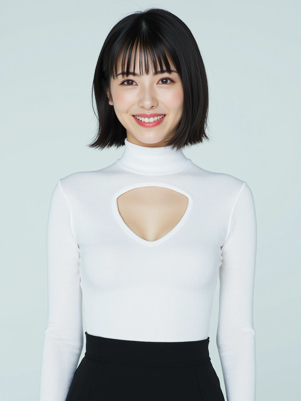 China is mature, (alone), 50 years old, (wrinkles around the eyes:1.2), big breasts, mature woman, charismatic, Sexy, pure white skin, view viewer、super huge breasts、Wear a sleeveless turtleneck sweater、Skinny Knitted Dresses、Muchimuchi、black pantyhose、high heels、smile、Public place、crossed legs、panties exposed