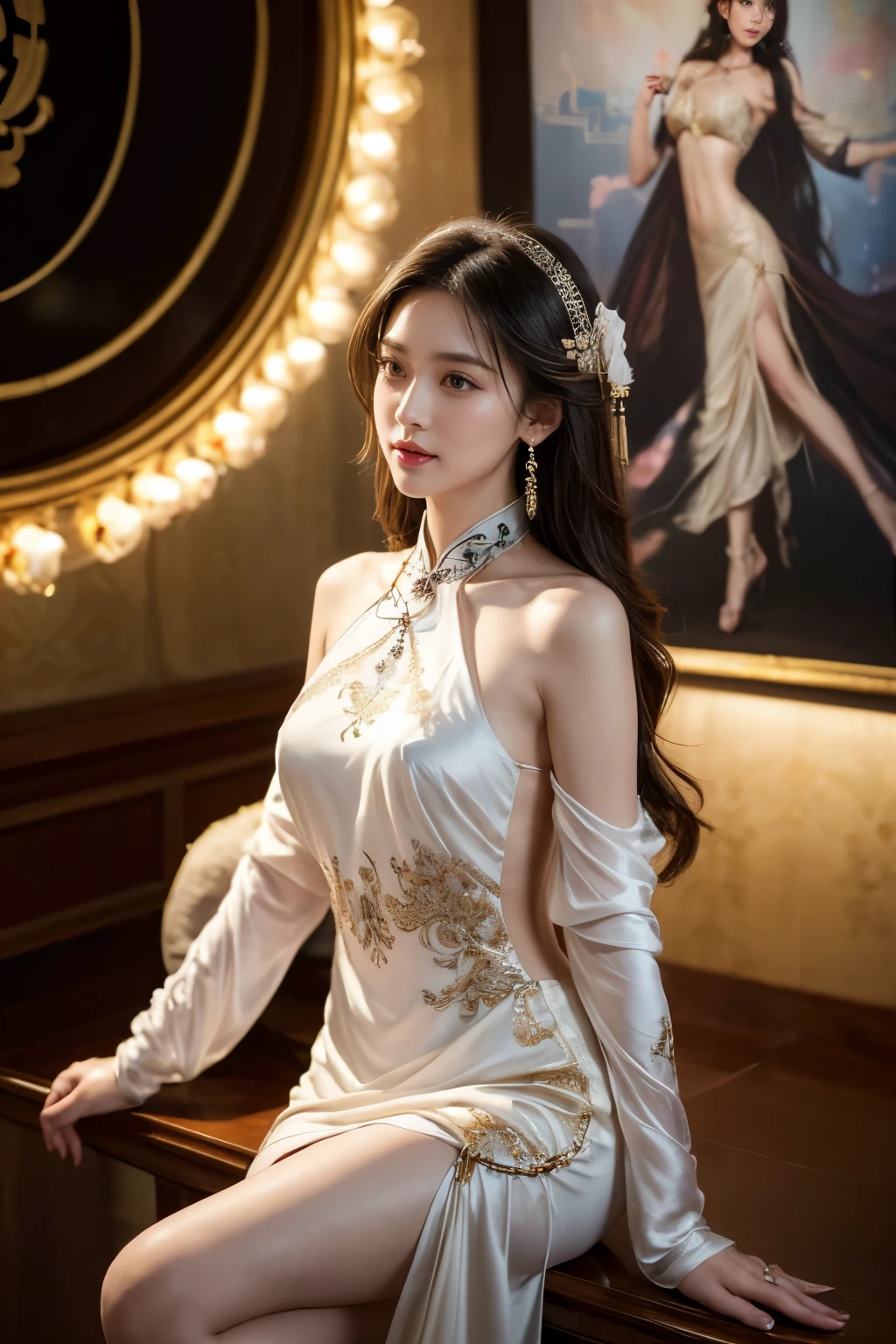 girl xinh: Asia, siêu dễ thương;
age: from 18-20 years old;
hair: copper orange color, smooth, lung linh dưới sunlight, detail;
skin: milk white, rosy and flawless;
eye: jet black, almond shaped, sexy, youthful, trong veo, siêu detail, elegant, charming, sharp makeup, true, attract viewers;
mí eye: delicate, delicate, Perfect Beauty;
eyebrow: cong, dear, high solution;
Face: beautiful, pure, like a fairy, Gentle makeup, lovely, Perfect balance, đẹp đến từng detail;
nose: xinh, lovely, cao;
cheekbone: prominent;
lip: charming, light red lipstick, son bóng lovely;
răng: illustrious, Lily-white;
Charming smile, showing white teeth;
ngực: full, deep slits, ((toning)), khít clothing ngực, pointed nipples;
clothing ngực: Red tươi, gold embroidery, metallic luster, silver mesh;
underwear: threaded, ((Red)), metal rim, tight;
Body shape: full, charming, full of youth;
accessory: ruby necklace, bông tai ruby, xăm;
clothing: silk fabric, White, piercing;
dress: tight, mỏng piercing, floral embroidery, hở nội y;
Fashion style: high class female, Modern 2024, luxurious;
Image quality: non-NSFW, 8K CG HD, high solution, Super nice graphics, professional, detail, colourful, ultrafine, advanced techniques, RAW true;
light: luxurious, complex color combinations, black gold rays;
sunlight: twinkle, illuminate the girl&#39;s body;
Wallpaper: brilliant flower garden, light chói chang;