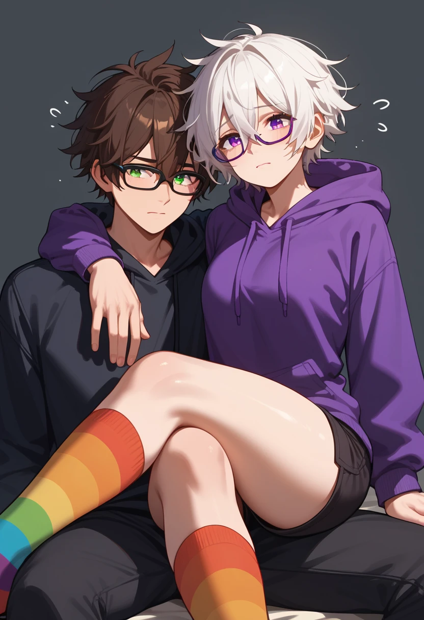 (duo focus), 2men, [male, feminine: 0.5, mature: 1.5, short messy hair, dark brown hair, green eyes, black frame glasses, purple hoodie, short black shorts, rainbow knee high socks, happy expression], BREAK, [male, short messy hair, hair between eyes, white hair, purple eyes, shivering, sad expression, black tank-top, leather pants, no glasses]