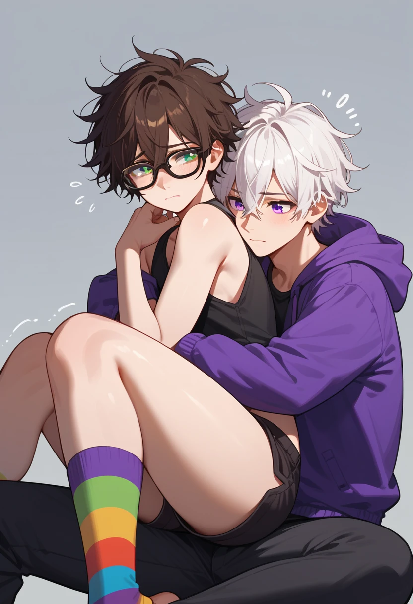 (duo focus), 2men, [male, feminine: 0.5, mature: 1.5, short messy hair, dark brown hair, green eyes, black frame glasses, purple hoodie, short black shorts, rainbow knee high socks, happy expression], BREAK, [male, short messy hair, hair between eyes, white hair, purple eyes, shivering, sad expression, black tank-top, leather pants, no glasses]