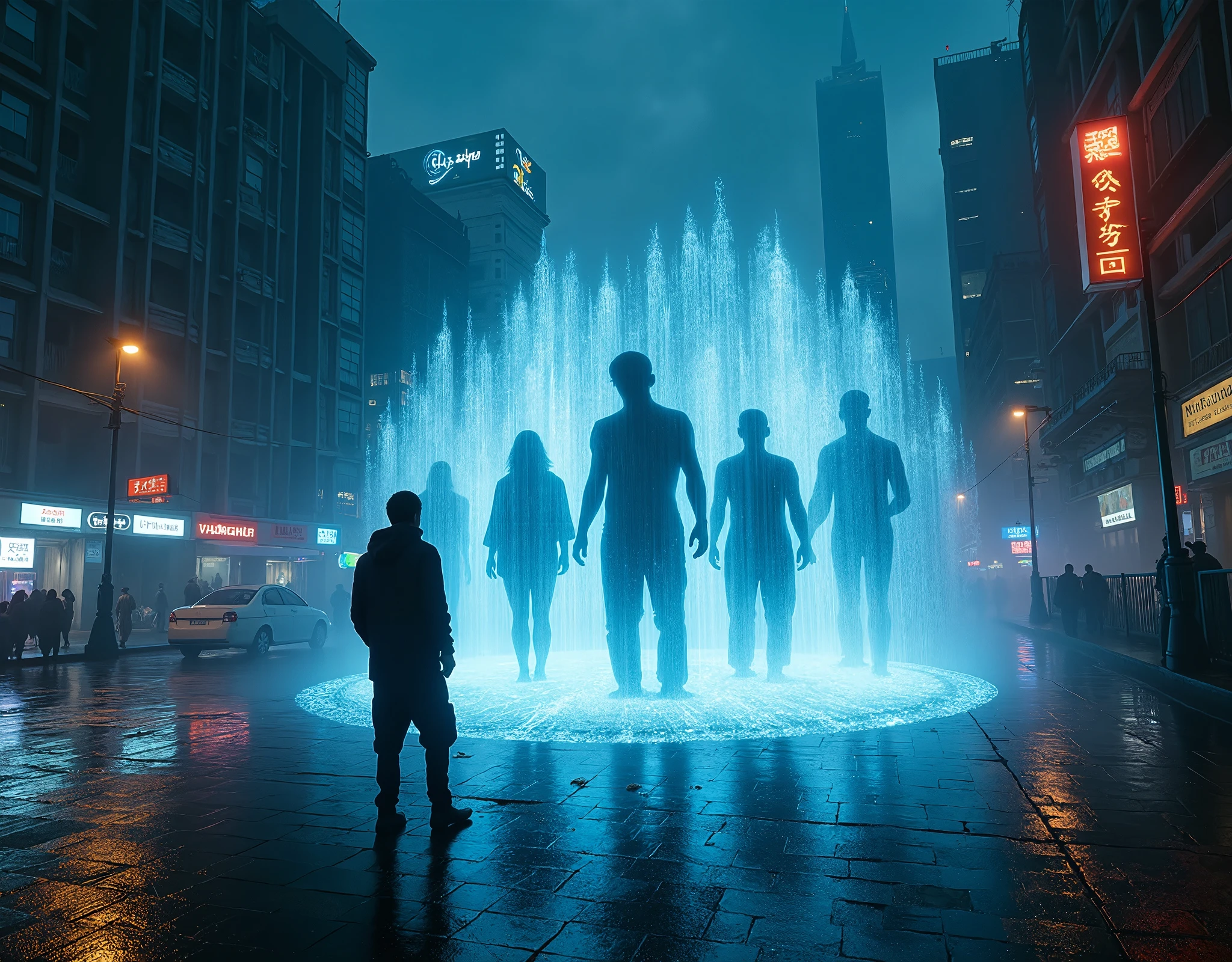There are many people standing in front of a fountain of water - SeaArt AI