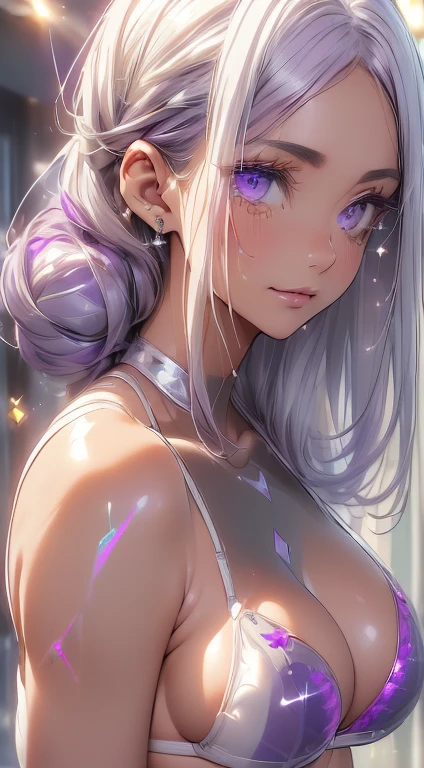 silver hair, focus in the face and eyes, violet eyes, bege and white clothing, portrait, close-up, female in a underground bunker, Personagem feminina futurista, mechapunk, Lyra has a feline grace. Her hair, a cascade of silver that glinted in the faint starlight, is usually tied back in a braid that fell down her back, contrasting sharply with her olive skin. Her eyes have a vivid shade of violet, flickered with an almost ethereal light, scanning the surroundings. Lyra’s features are delicate yet steely, her full lips often curved into a wry smile that hinted at a sharp wit and a depth of emotion hidden beneath the surface. Lyra silhouette is tall and lithe, with a lean, muscular build that speaks of agility and strength with eyes set deep beneath dark, expressive brows. She has a strong, angular jawline that contrasts with her softer features, hinting at her inner strength and resilience. Her nose is slightly upturned, adding a hint of mischief to her otherwise serious demeanor.