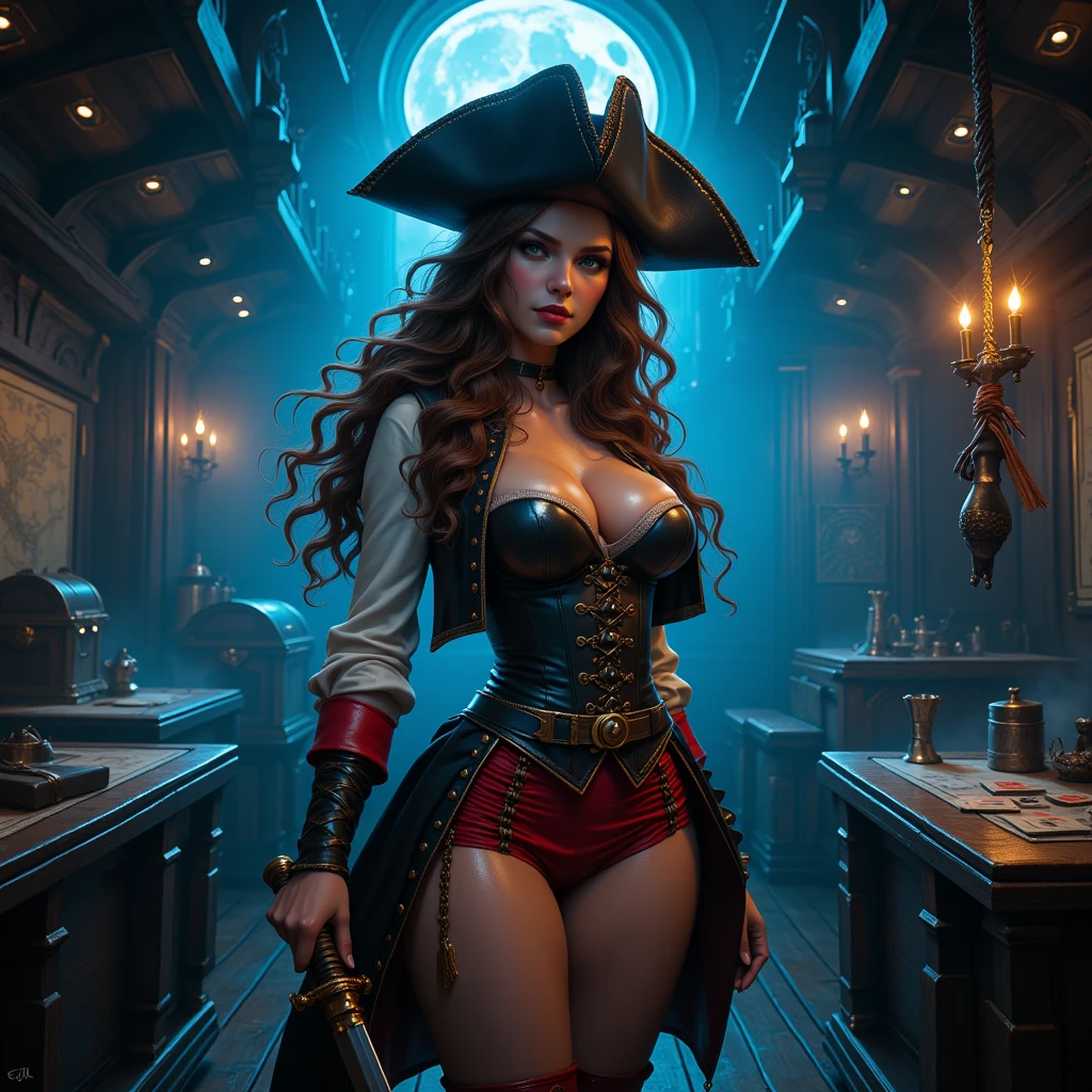 A redheaded woman dressed only in veils dances on the moon dreaming, painting of the moon's craters, many inappropriate objects, lots of intimate underwear, fishnet stockings, lace bolero, books, make-up accessories, surrealist painting, magic realism, bizarre art, subtitle at the bottom of the picture "Where is my friend Pierrot?" in blue and gold letters.